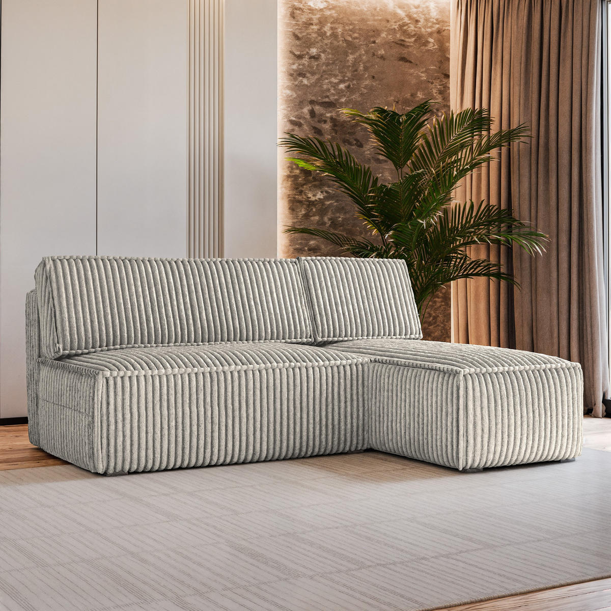 ECKSOFA BRISO T Hellgrau Kordstoff mit Schlaffunktion - Hellgrau, Holz (200/140cm) - MASSENO