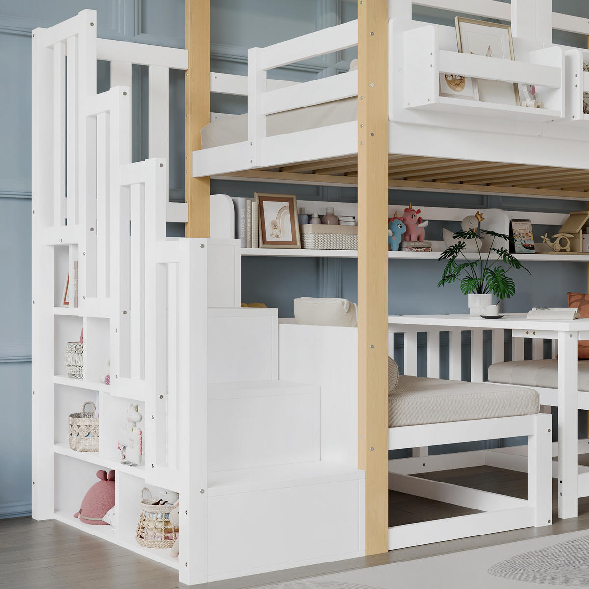 ETAGENBETT 90/200 cm in Weiß & Natur Kinderbett mit Aufbewahrungstreppe, Klapptisch und Regal - Weiß/Naturfarben, Holzwerkstoff (90/200cm) - STILVORA