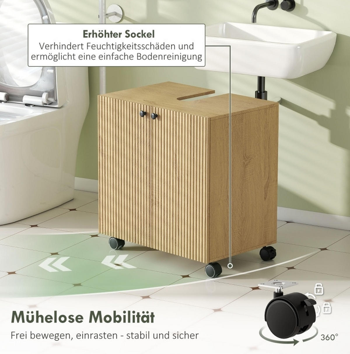 WASCHBECKENUNTERSCHRANK 60x39.8x62 cm Natur mit U-Ausschnitt & Soft-Close-Türen - Naturfarben, Holzwerkstoff (60/62/39.8cm) - Modfu