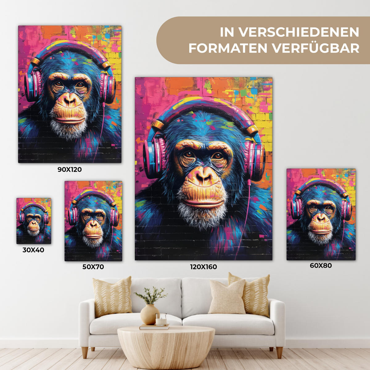 LEINWANDBILD Graffiti - Schimpanse - Straßenkunst - Kopfhörer - Affe 30x40 cm - Blau, Textil (30/40cm) - MuchoWow