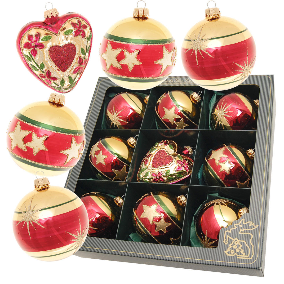 CHRISTBAUMKUGELN Herz- und Sternendesign Mehrfarbig 10cm (Glas / 9 Stk.) - Multicolor, Glas (8/10/8cm) - Krebs Glas Lauscha