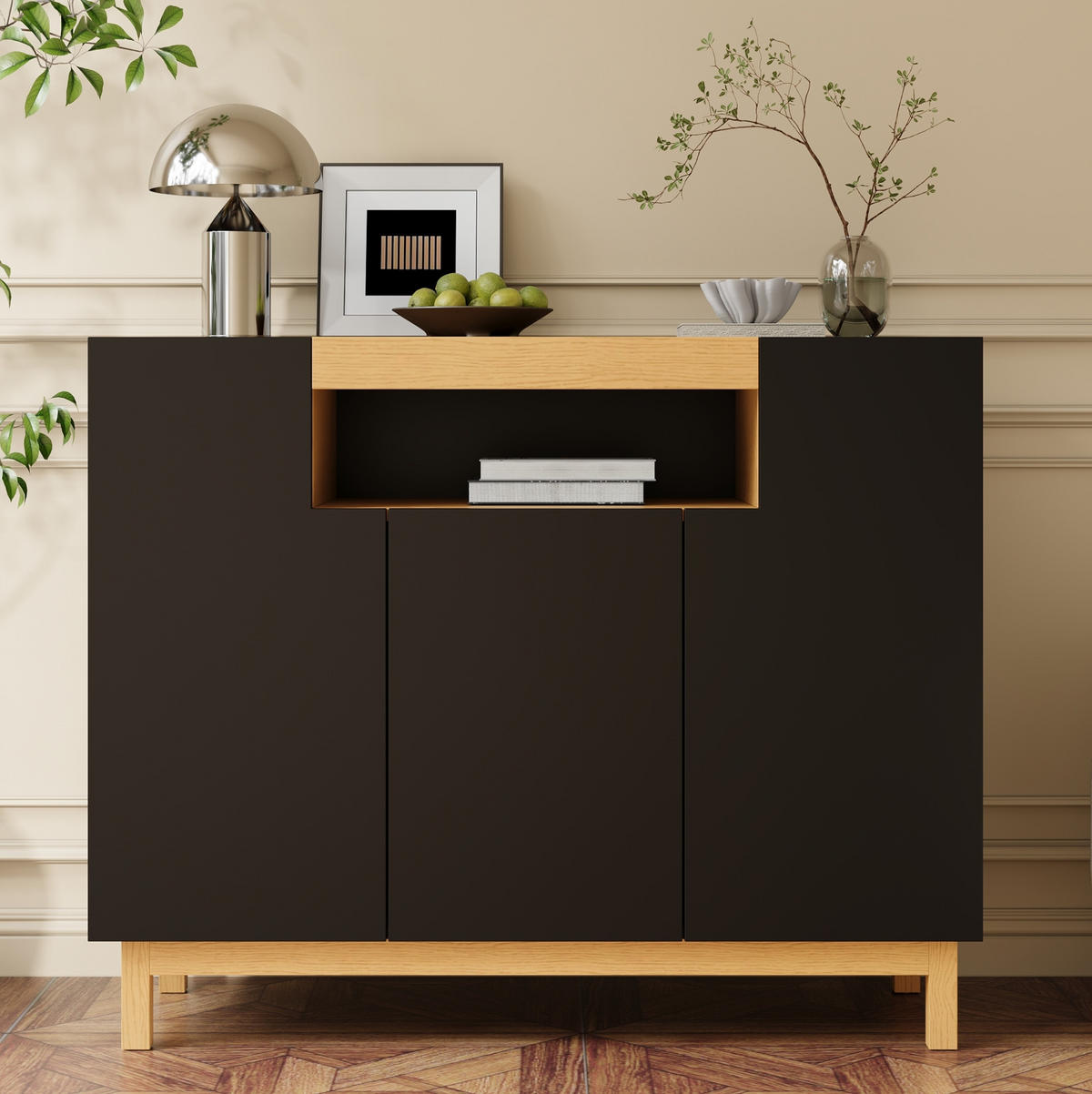 SIDEBOARD 120,5/42/96 cm aus Spanplatte mit 3 Türen und offenem Mittelfach Schwarz - Schwarz, Holzwerkstoff (120.5/96/42cm) - Modenvie