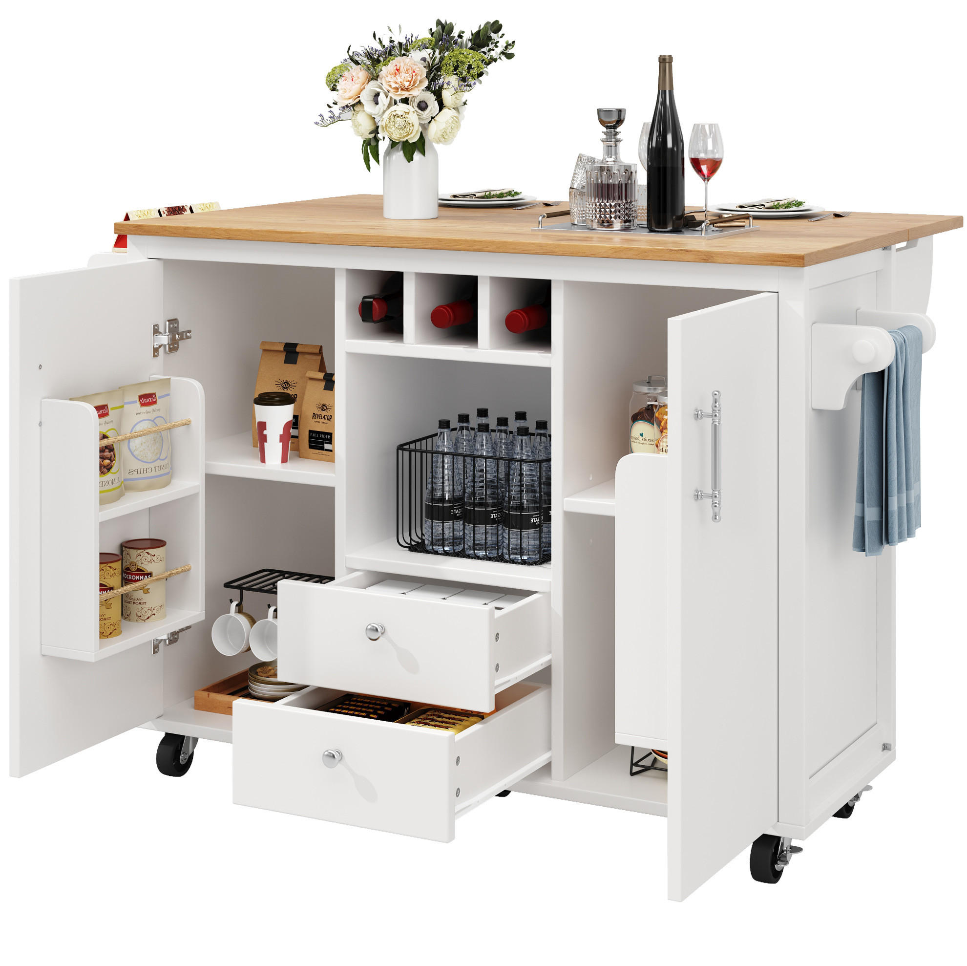KÜCHENINSEL aus MDF mit klappbarer Arbeitsplatte & Rollen, 137,9/73/45/92,2 cm, Weiß - Weiß, Holzwerkstoff (137.9/92.2/45cm) - Redom
