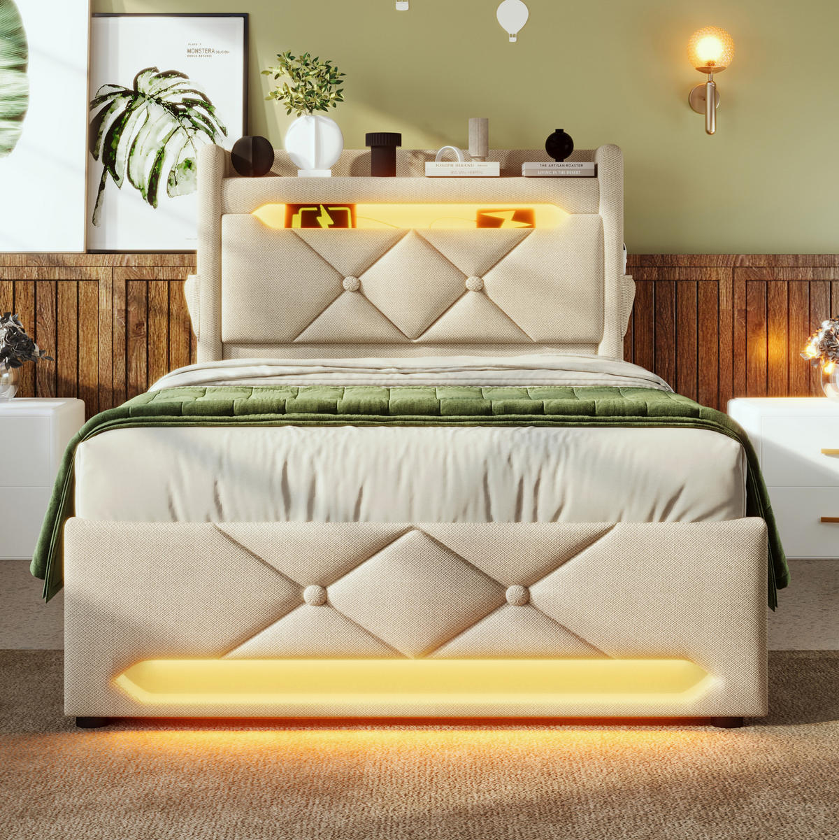 BETT mit LED, Stauraum und Matratze 90x200 cm Leinen Beige - Beige, Metall (90/200cm) - Meubliv