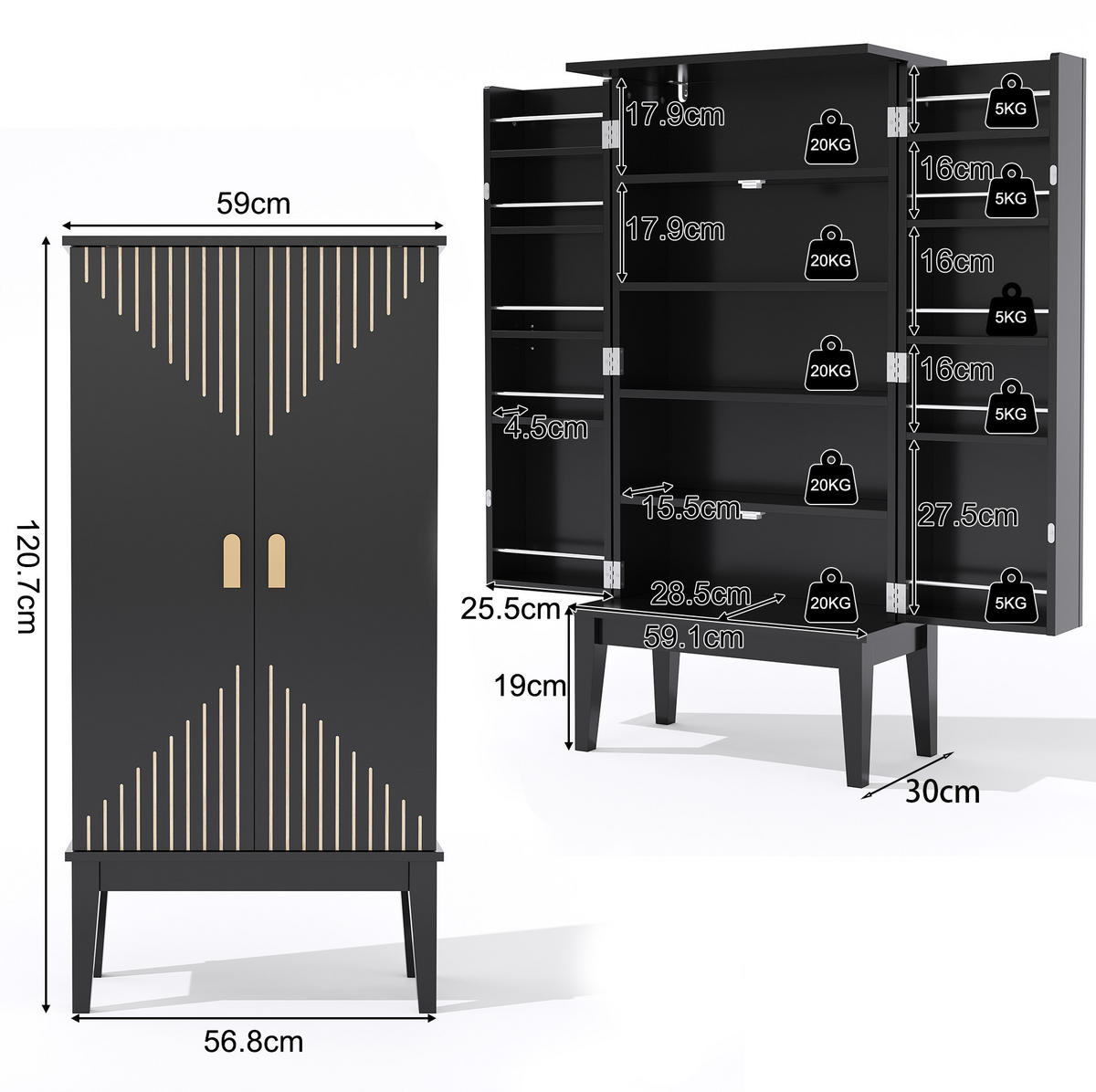 BUFFETSCHRANK 120/30/59 cm aus MDF mit 2 Türen, 5 Fächern und Türablagen im Vintage-Stil, Schwarz - Schwarz, Holzwerkstoff (59/120/30cm) - Redom