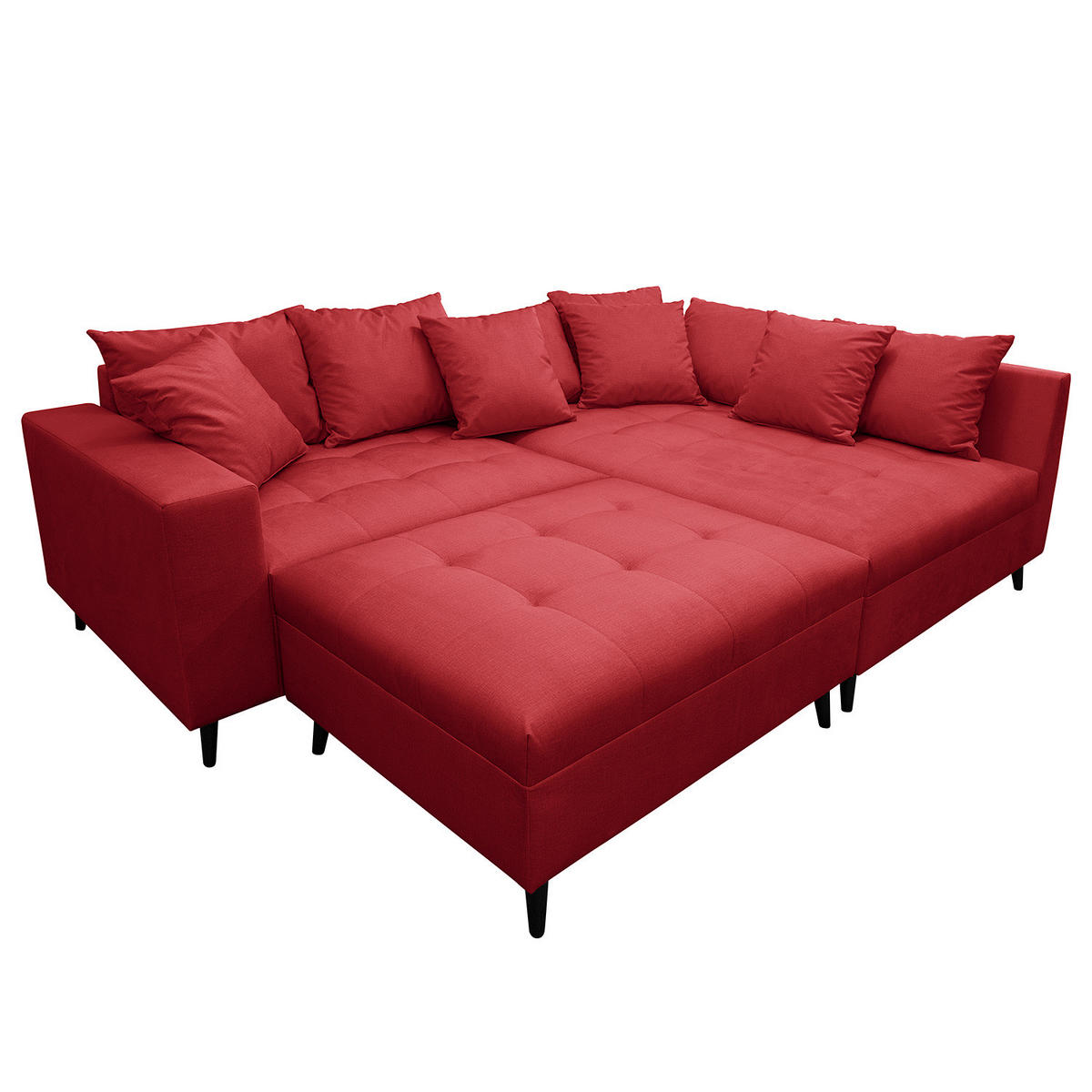 ECKSOFA mit Ottomane und Hocker - Rot/Schwarz, Holz/Birkenholz (247/174cm) - home24