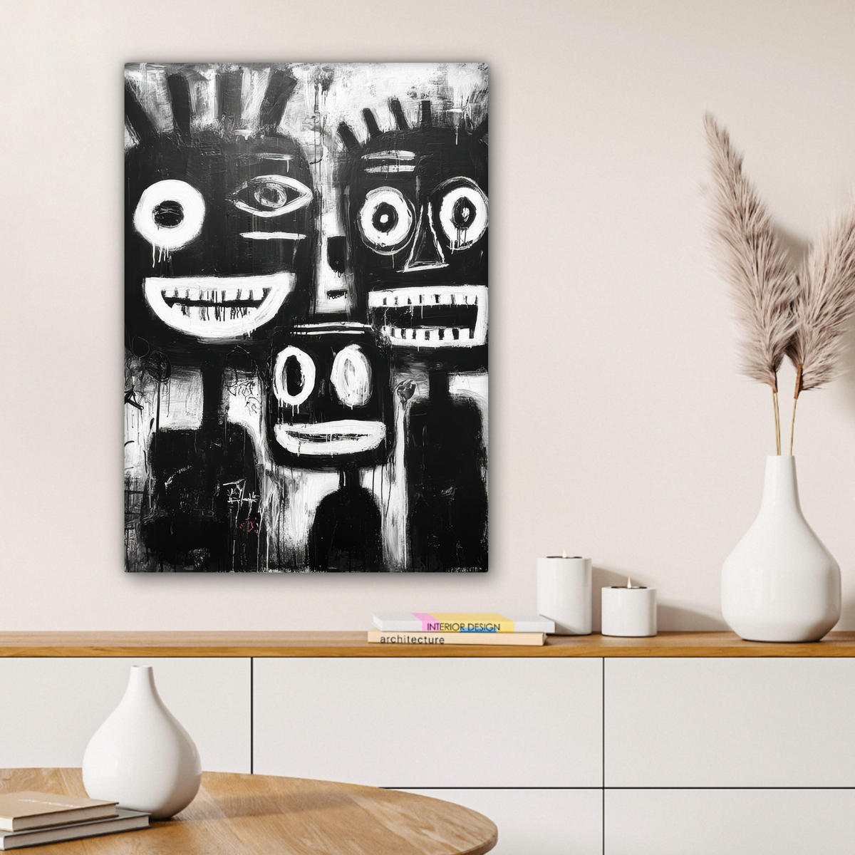 LEINWANDBILD Malerei - Figuren - Schwarz - Abstrakt Wandbild Wohnzimmer 60x80 cm - Schwarz, Textil (60/80cm) - MuchoWow