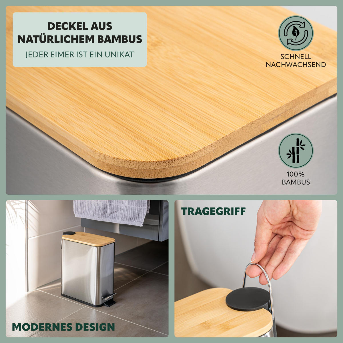 ABFALLEIMER, Edelstahl mit Bambusdeckel - Edelstahlfarben, Metall (14/28.5/30cm) - bremermann