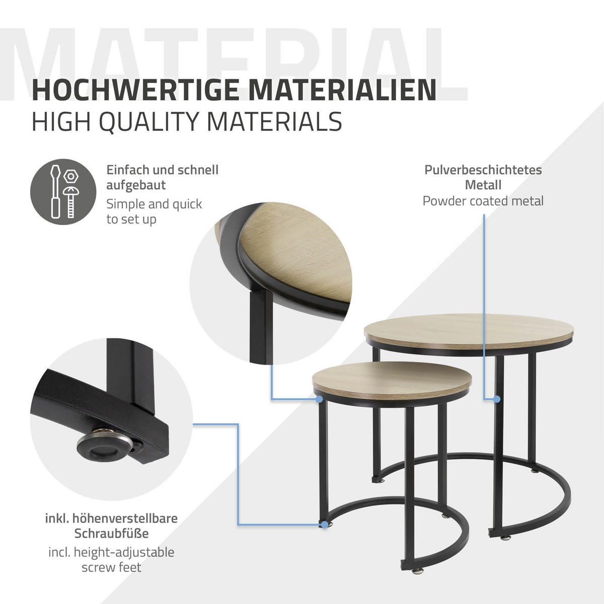 COUCHTISCH rund Sonoma-Schwarz 60/60/52-40/40/44 cm 2er Set - Schwarz, Metall (60/52/60cm) - ML-DESIGN