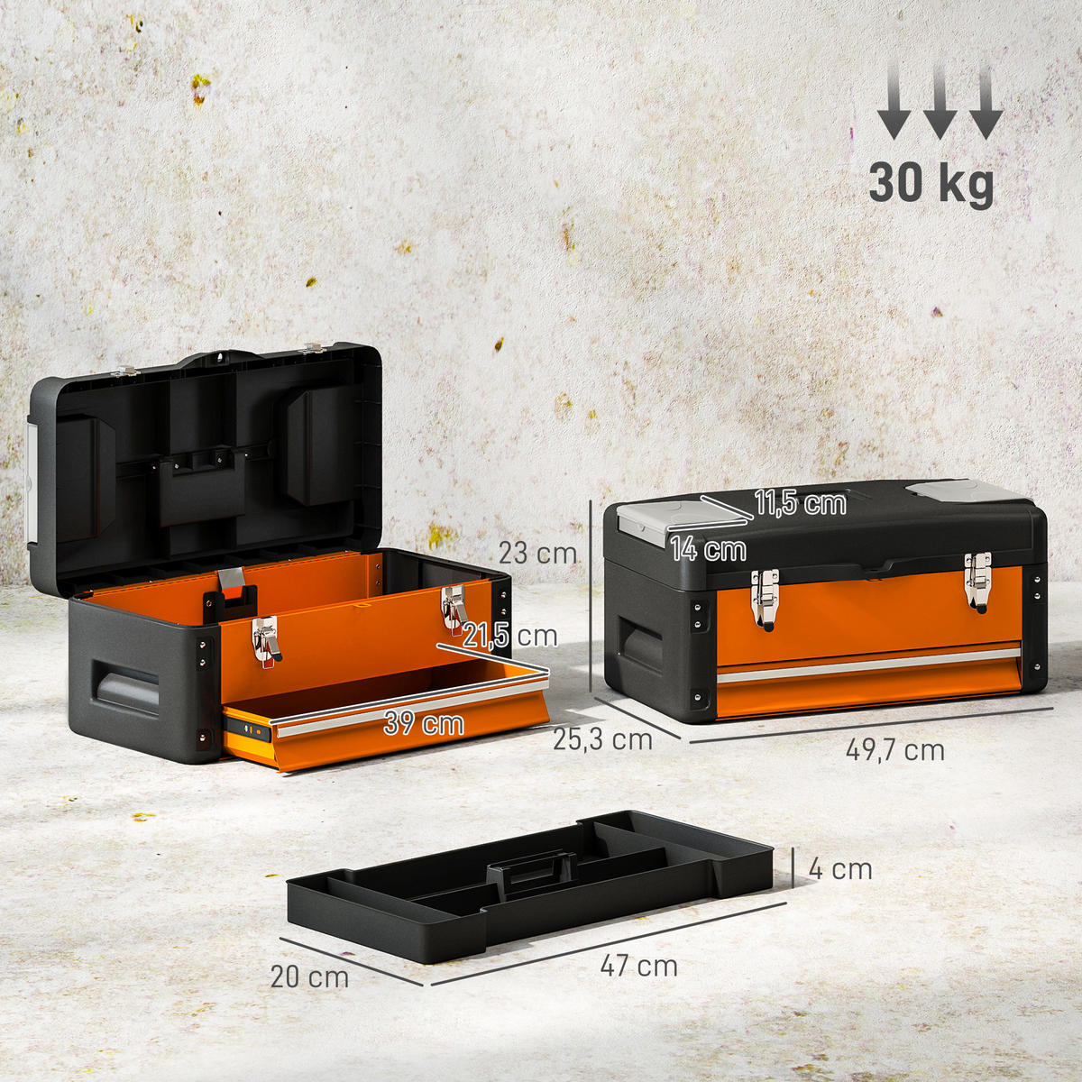 WERKZEUGKISTE leer, 49,7 x 25,3 x 23 cm aus Stahl, Orange - Orange, Metall (49.7/23/25.3cm) - HOMCOM