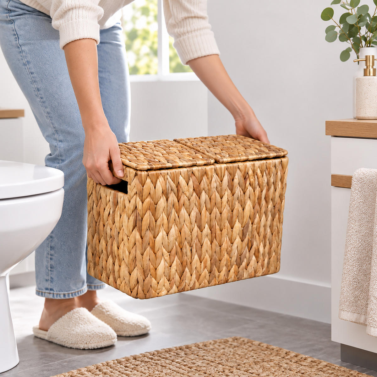 KOŠ Přírodní vodní hyacint na 6 rolí - světle hnědá, textil (16.5/40/27cm) - Relaxdays