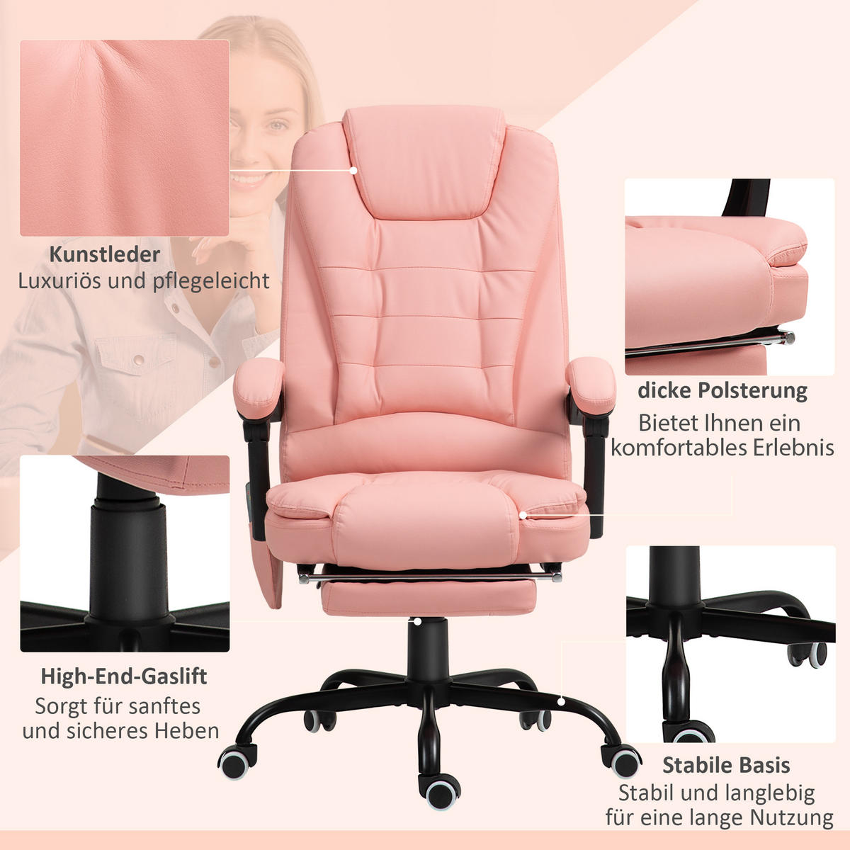 BÜROSTUHL mit 7 Punkt Massage, ergonomischer Gaming Sessel mit Liegefunktion - Schwarz/Rosa, Kunststoff/Metall (67/121/67cm) - Vinsetto
