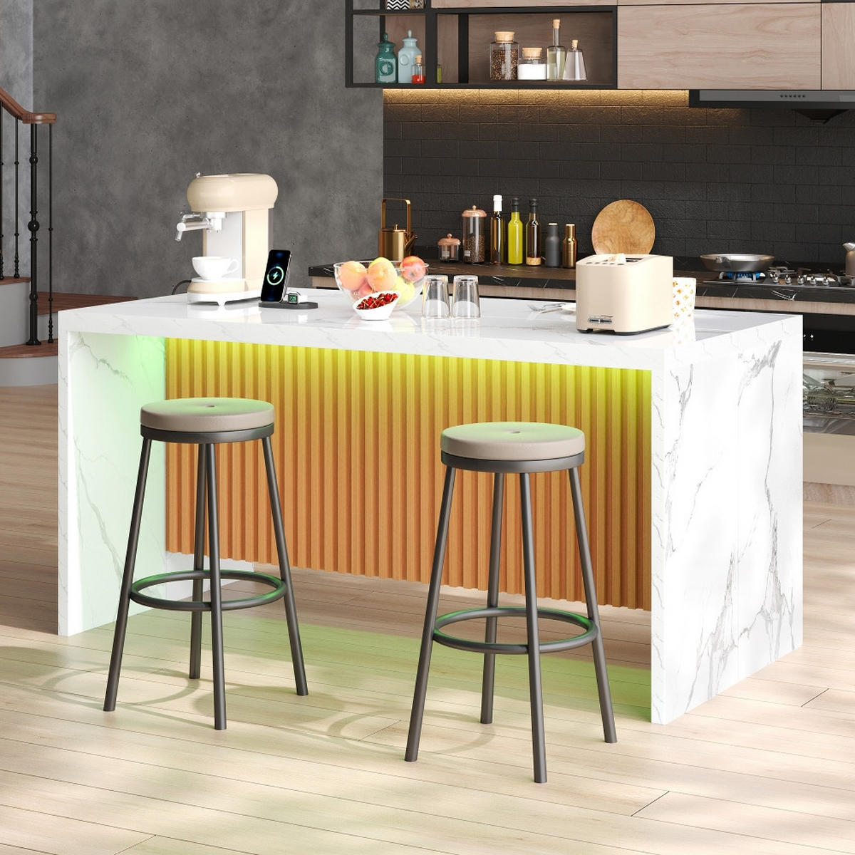 KÜCHENINSEL mit Steckdosen und USB, Weiße Marmoroptik, LED-Beleuchtung, MDF, 155/80/90 cm - Weiß, Kunststoff (80/90/155cm) - Rolipo
