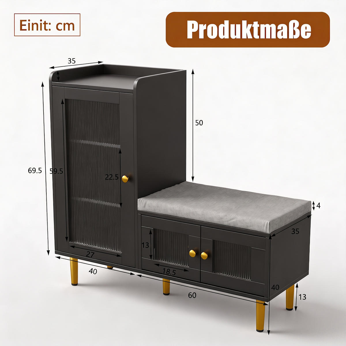 SCHUHSCHRANK mit Sitzbank, 3 Türen, verstellbare Einlegeböden, 100 x 35 x 90 cm, schwarz - Schwarz, Holz/Metall (35/90/100cm) - GENKI LIVING