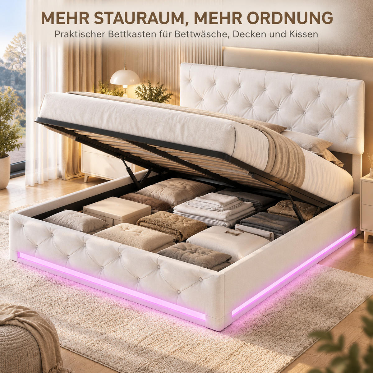 POLSTERBETT 160/200 cm mit Hydraulik-Stauraum & LED-Beleuchtung - Beige, Holz/Metall (160/200cm) - Joyfair