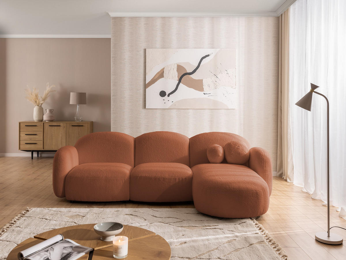 ECKSOFA Nuvola mit abgerundetem Design Terrakotta Bouclé-Stoff - Ottomane Rechts - Terra cotta/Schwarz, Holz/Kunststoff (268/146cm) - S-Style Möbel