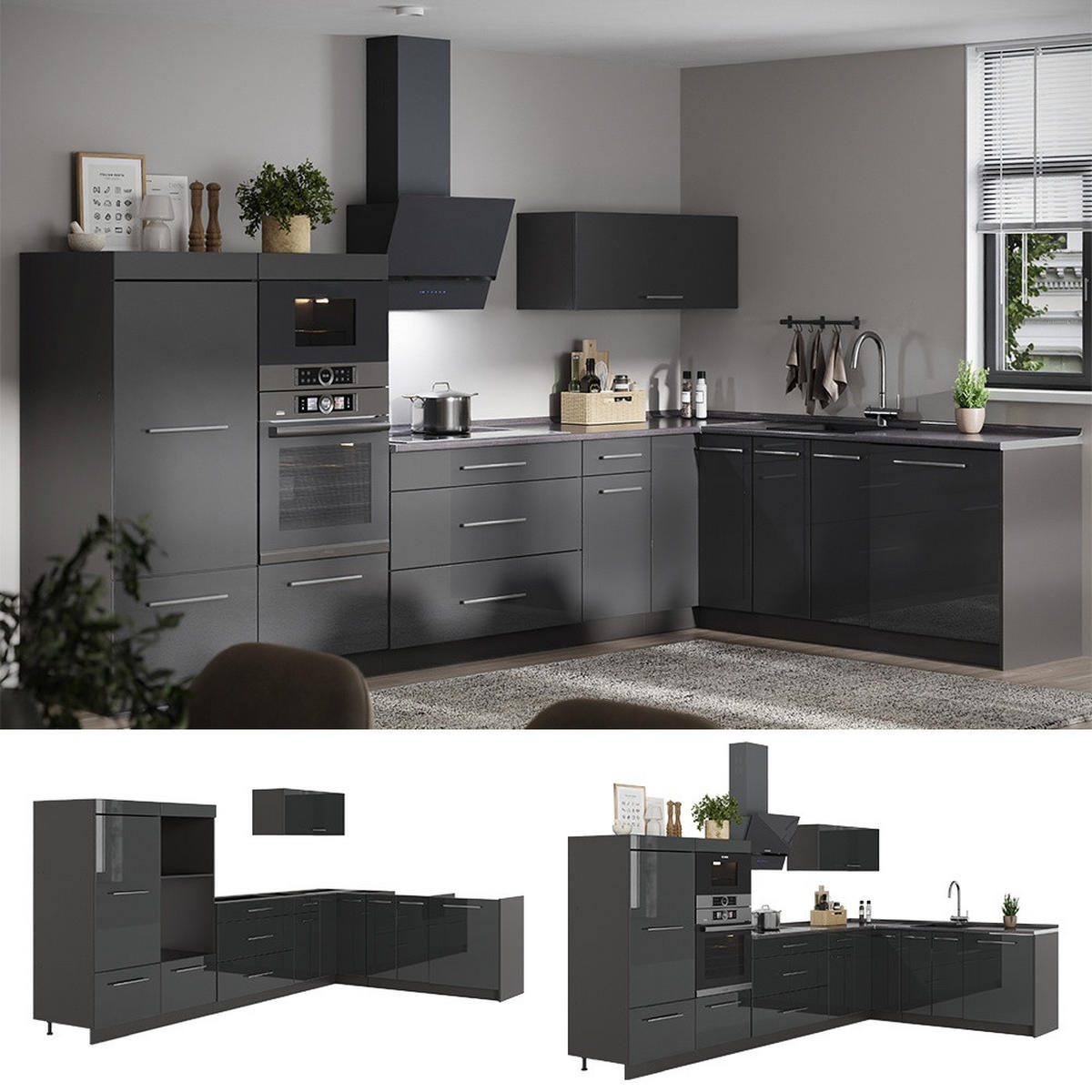 KUHINJA U OBLIKU SLOVA L Fame-Line, Antracit visokog sjaja/Antracit, 347 x 207 cm bez radne ploče - crna visoki sjaj/antracit, drvni materijal (347/153.6/51.6cm) - Vicco
