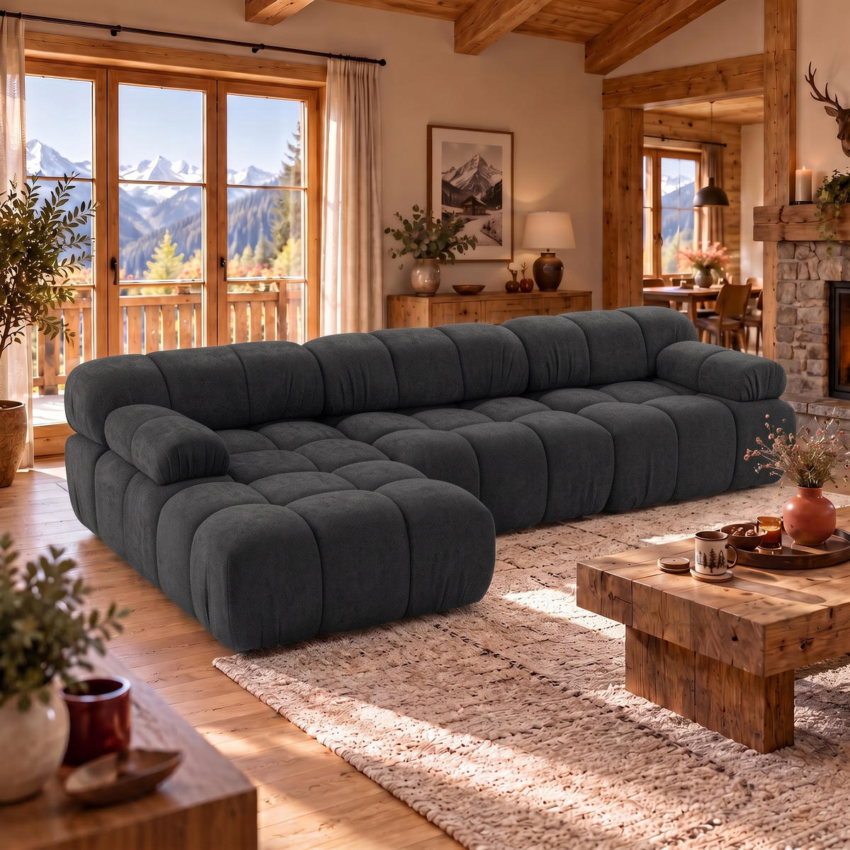 MODULARES Ecksofa MOMENTUM L, Links, Breite 282 cm, strukturierter Stoff, Schwarz - Chromfarben/Schwarz, Holz/Textil (282/155cm) - Muffo