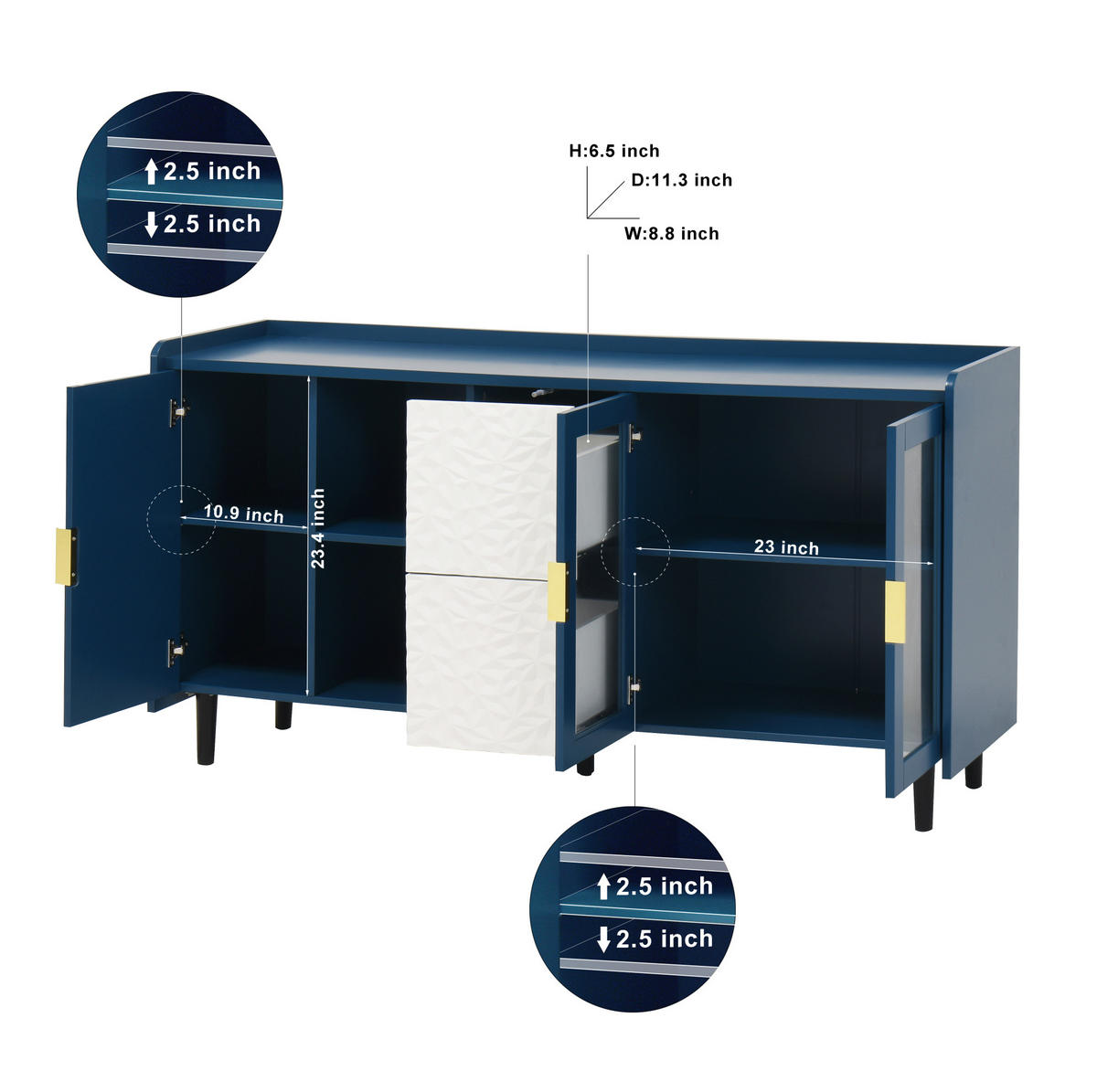 SIDEBOARD 150/40/80 cm blau aus MDF mit Glastüren, Schubladen und offenen Fächern - Blau, Holzwerkstoff (150/80/40cm) - OKWISH