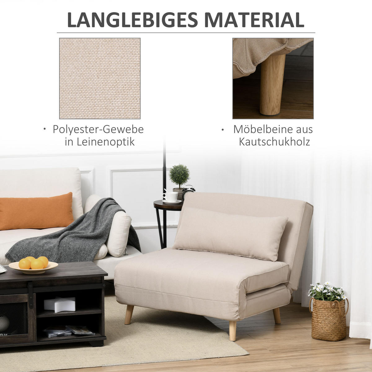 SCHLAFSESSEL, Leinenimitat, Cremeweiß - Creme, Textil (78/80/94cm) - HOMCOM