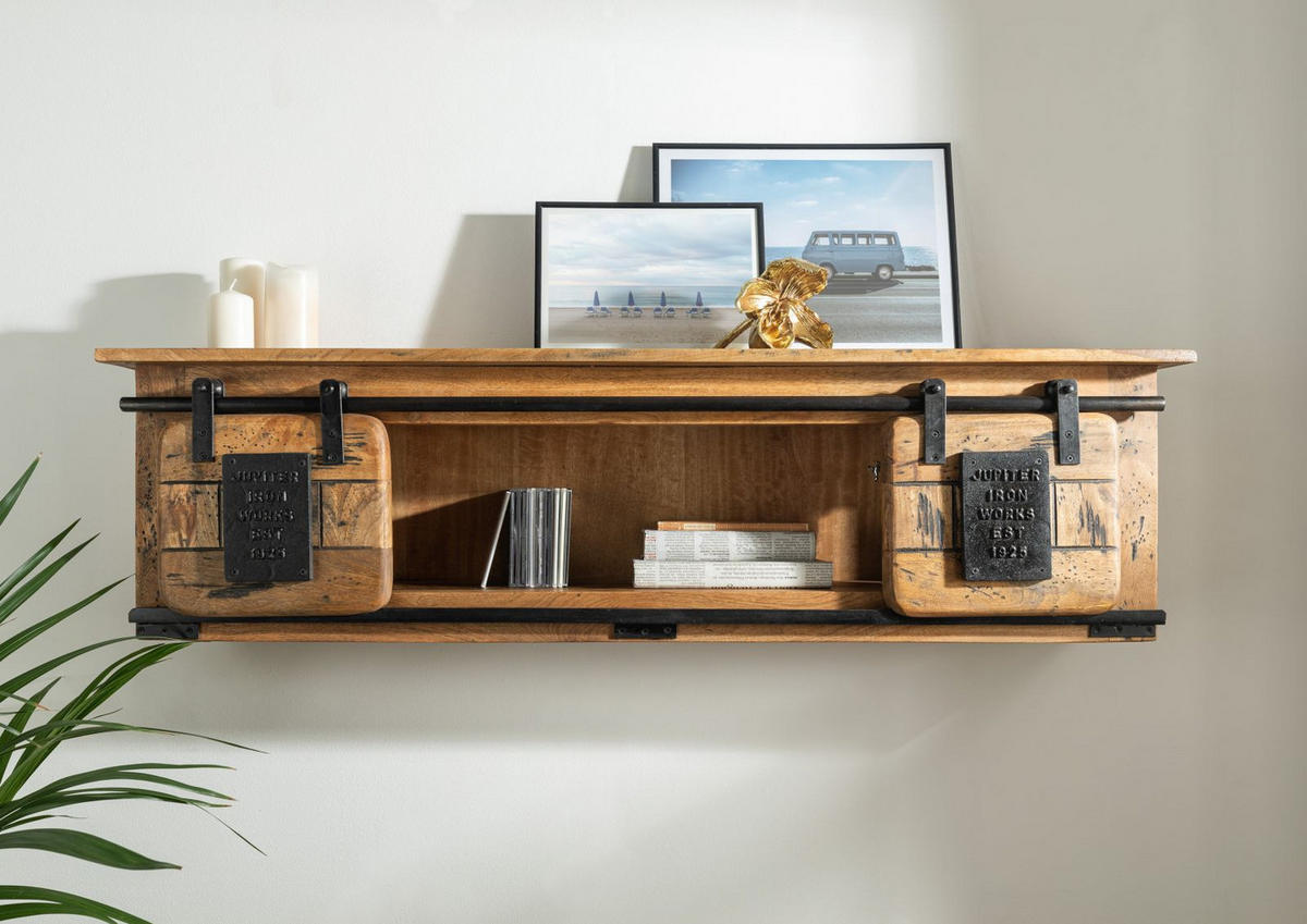 WANDREGAL Mango 130x25x35 natur lackiert RAILWAY #165 - Hellbraun, Holz (130/35/25cm) - Massivmoebel24