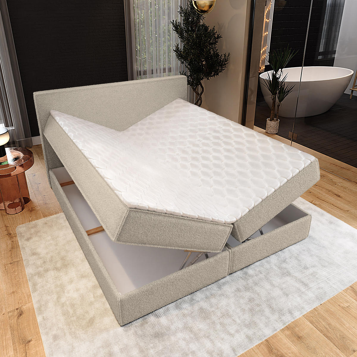 BOXBETT PELLIO 180x200 cm mit Matratze und Topper - Beige - Beige, Holz (180/200cm) - MASSENO