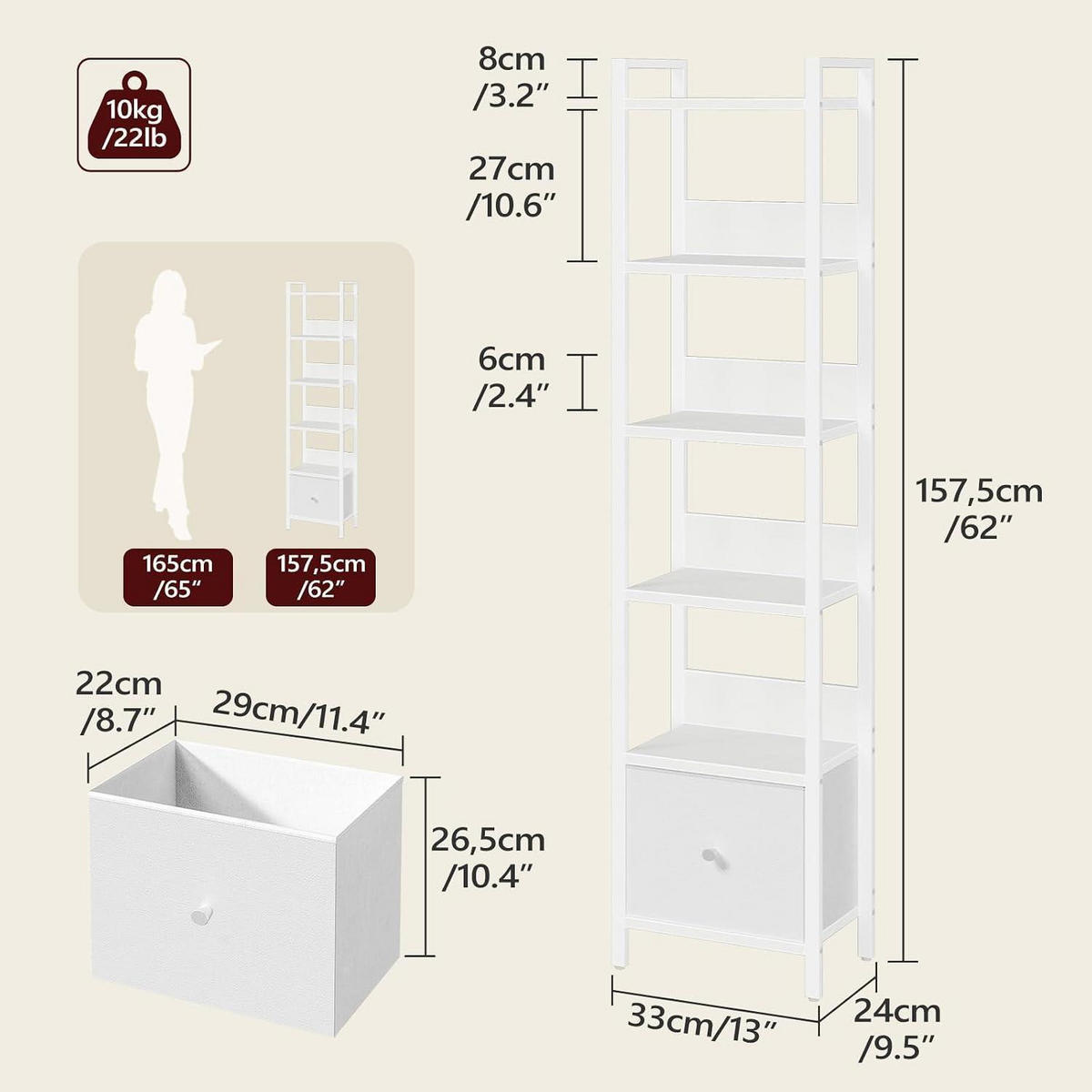 BÜCHERREGAL mit Schublade 33 x 24 x 157,5 cm Weiß - Weiß, Holzwerkstoff (33/157.5/24cm)