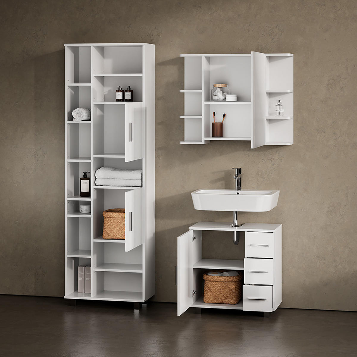 BADSCHRANK Eisak Weiß Hochglanz 60 x 190 cm - Weiß Hochglanz/Weiß, Holzwerkstoff (60/190/30cm) - Livinity®