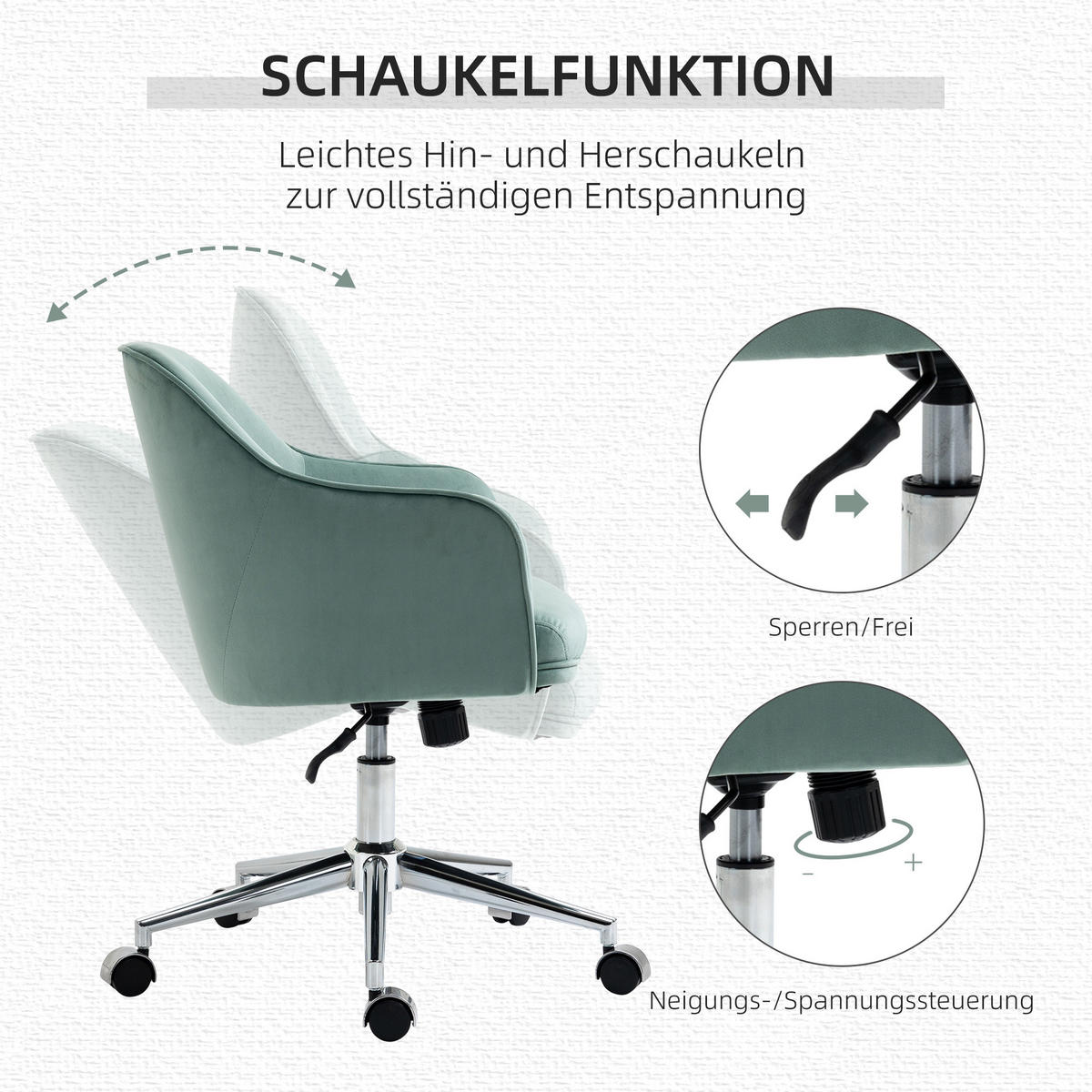 BÜROSTUHL mit Wippenfunktion höhenverstellbarer Schreibtischstuhl Grün - Grün, Textil (59/90.5/61cm) - Vinsetto