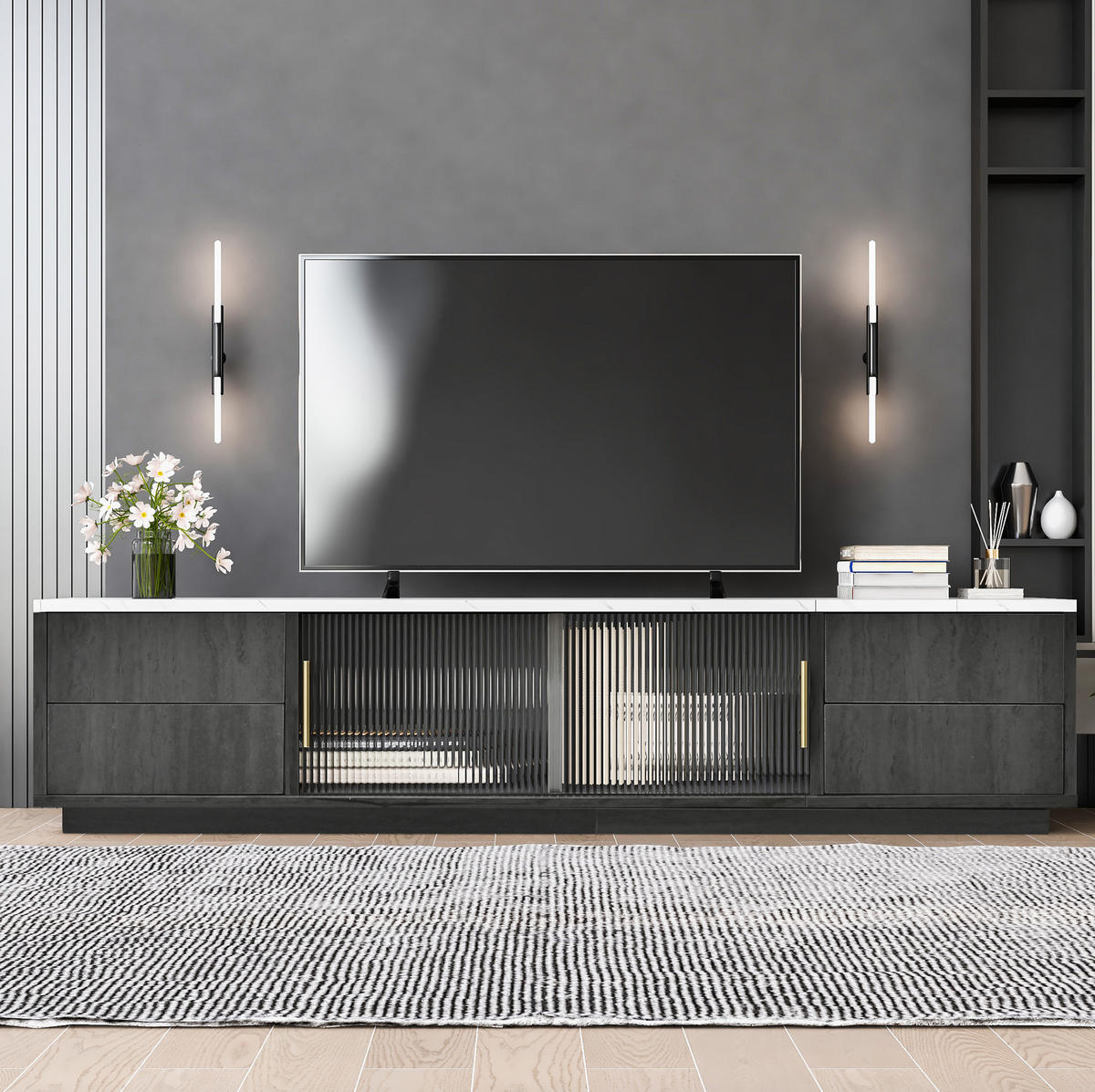 TV-LOWBOARD aus MDF 160x40x38,5 cm Grau mit 4 Push-to-Open-Schubladen und Kabelmanagement - Grau, Holzwerkstoff (160/38.5/40cm) - Modfu