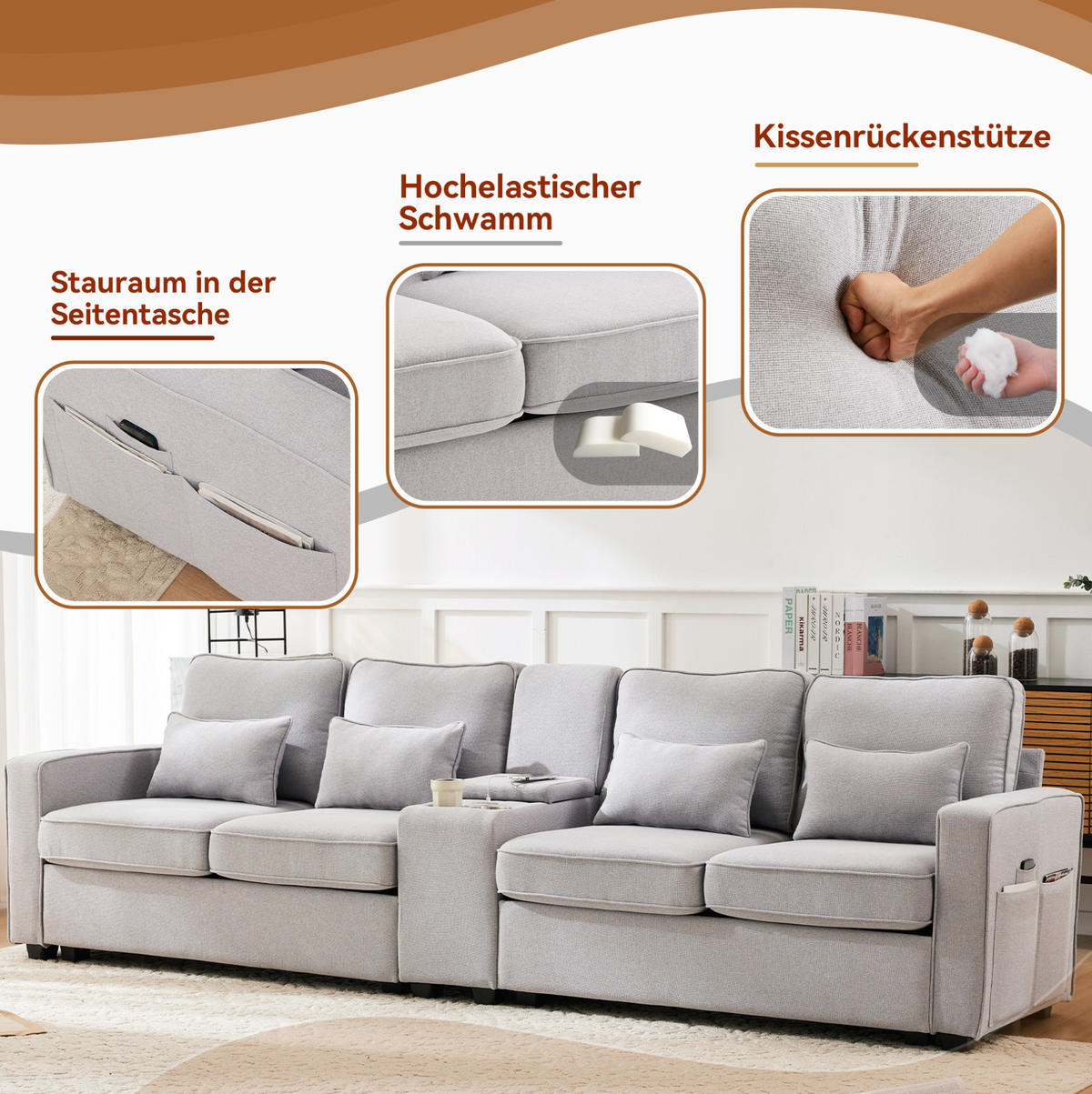 4-SITZER Sofa 290/88/83 cm Grau aus Leinen mit USB-Anschluss und Getränkehaltern - Hellgrau, Textil (83/88/290cm) - OKMYHOME