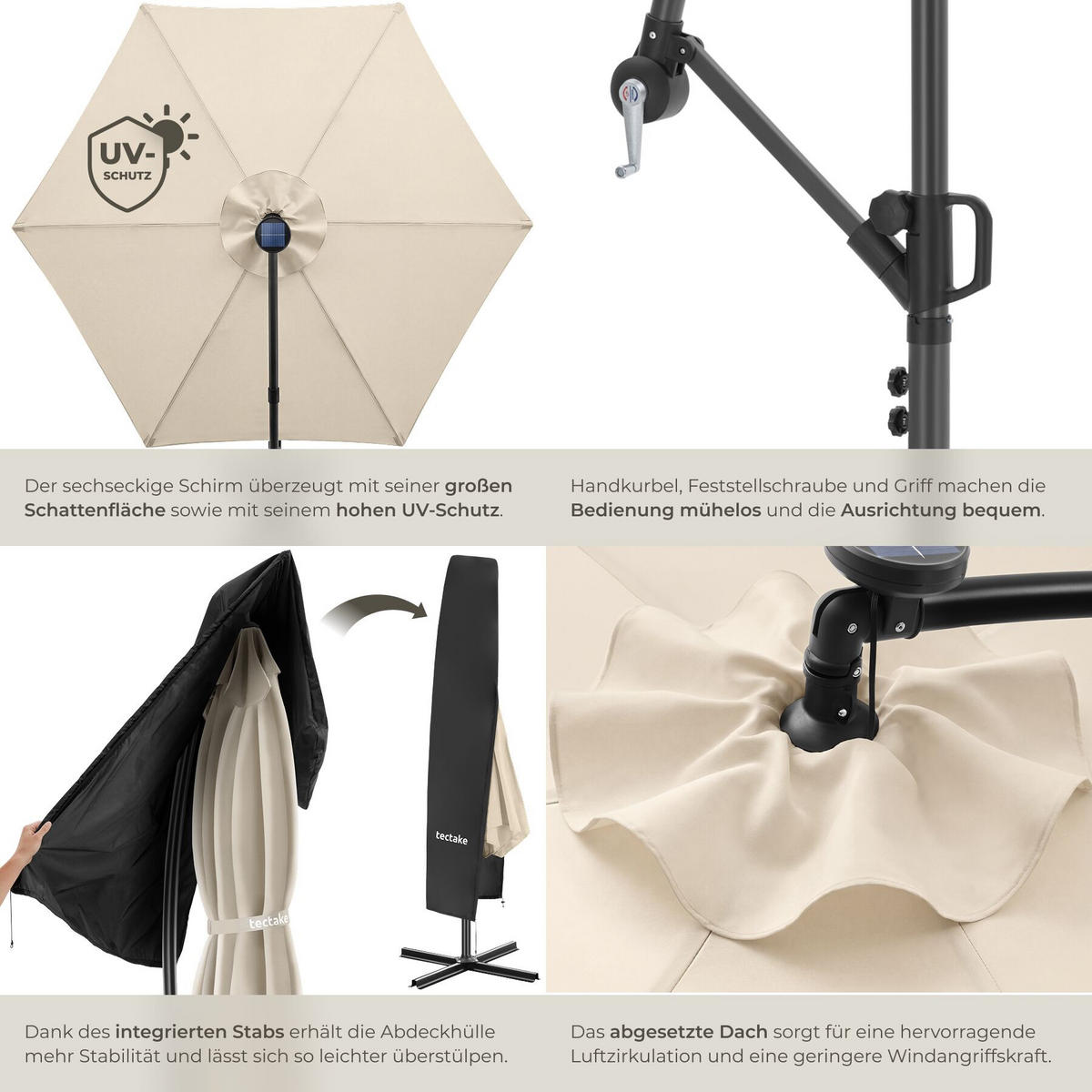 AMPELSCHIRM Artemis, mit LED Solar-Beleuchtung, inkl. Schutzhülle, beige - Beige, Metall (350/337cm) - tectake