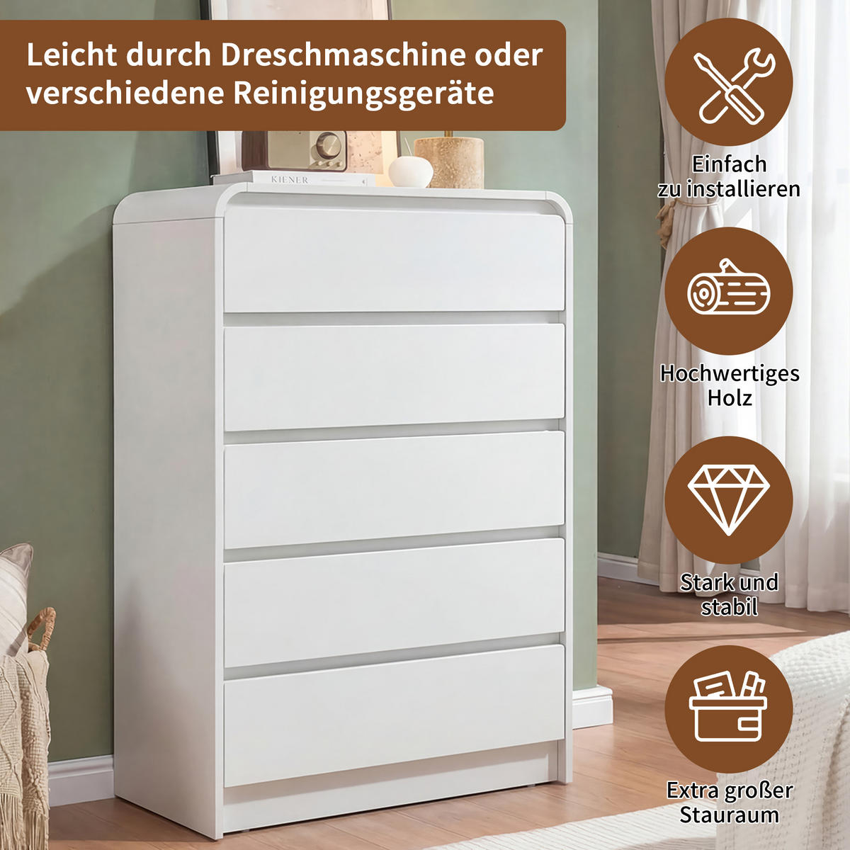 KOMMODE Weiß mit 5 Schubladen & RGB-Lichtleiste - Weiß, Holzwerkstoff (40/110/73cm) - SHOPENTRA