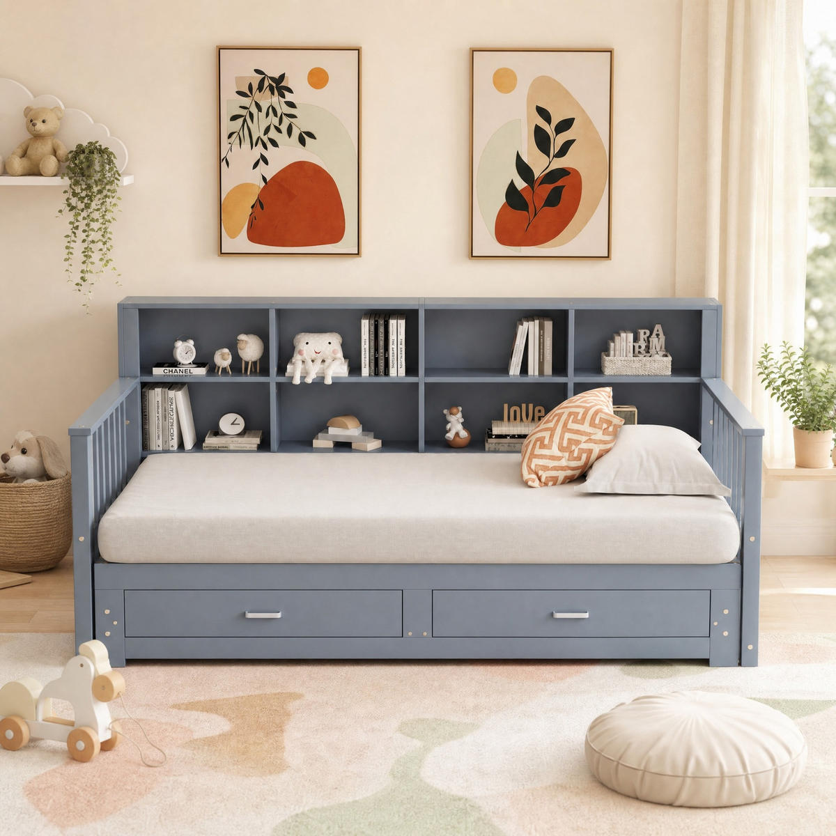JUGENDBETT 90/190 mit Ausziehbett, Steckdose, Ablagefächern und 2 Schubladen in Grau - Grau, Holzwerkstoff (90/190cm) - EVRYAE