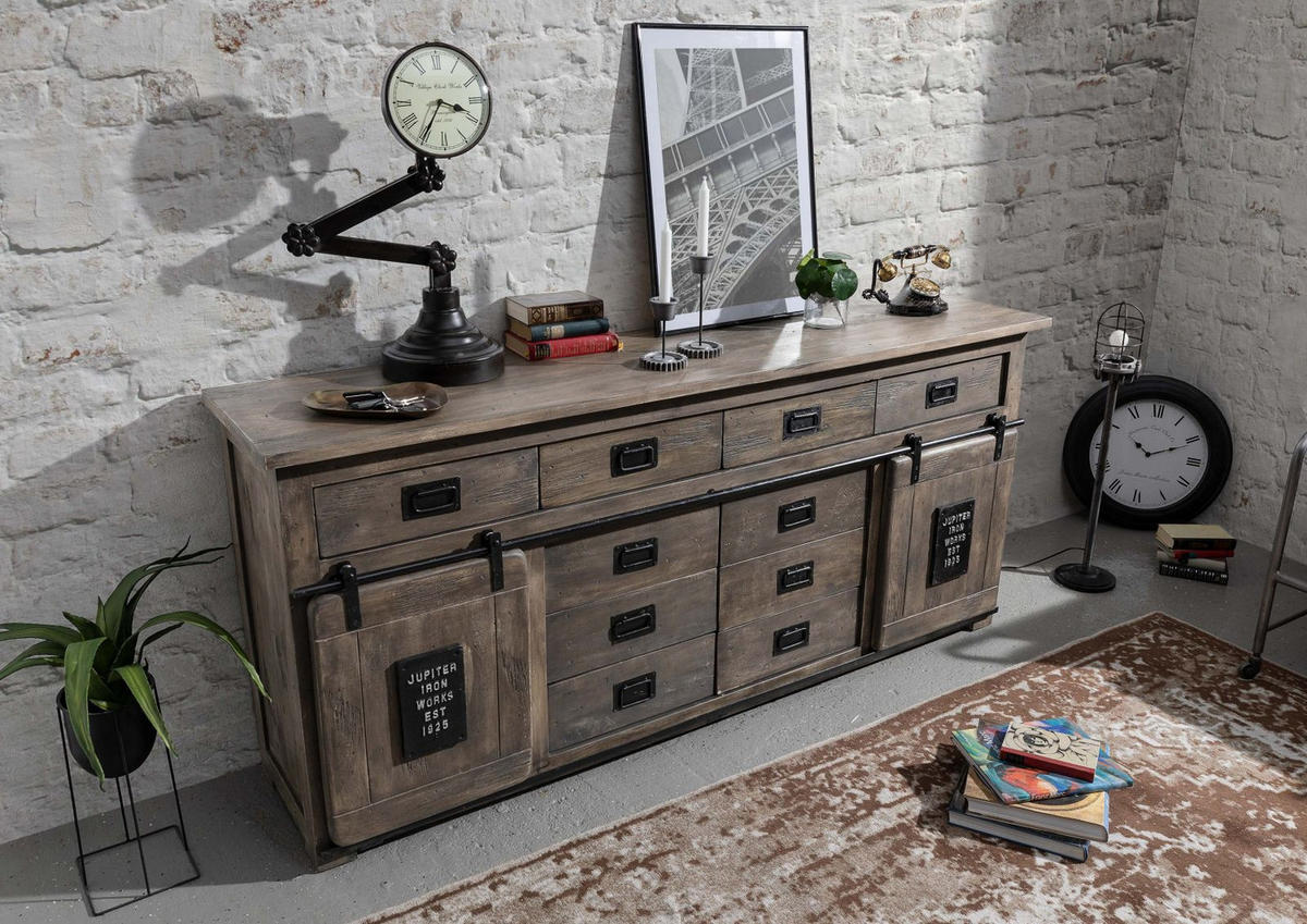 SIDEBOARD Mango 200x45x90 grau lackiert RAILWAY #222 - Grau, Holz (200/90/45cm) - Massivmoebel24