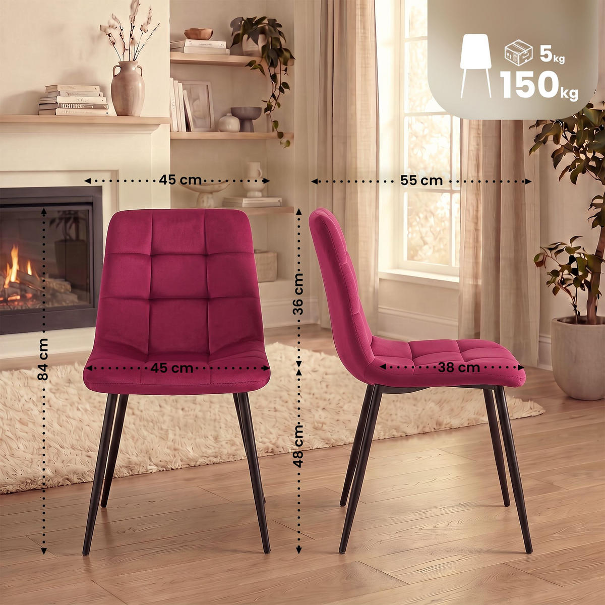 STUHL 4 Samt Rot - Rot/Schwarz, Textil/Metall (45/84/55cm) - CLP