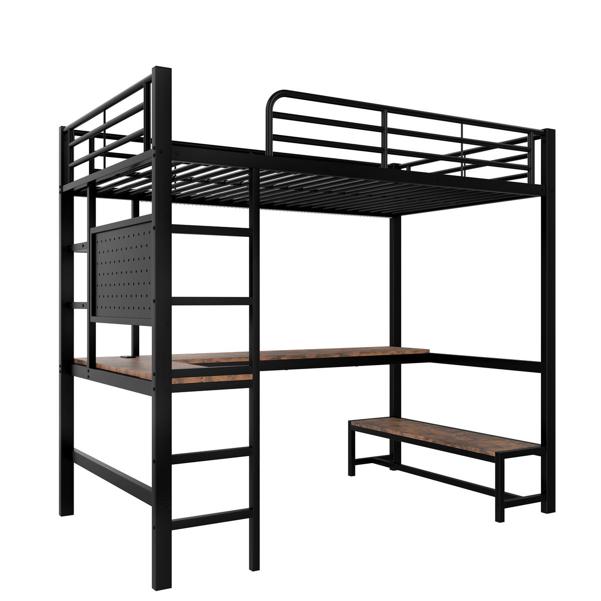 HOCHBETT 90/200 cm in Schwarz mit Schreibtisch, Regal, LED und USB/Type-C - Schwarz, Holzwerkstoff/Metall (90/200cm) - STILVORA