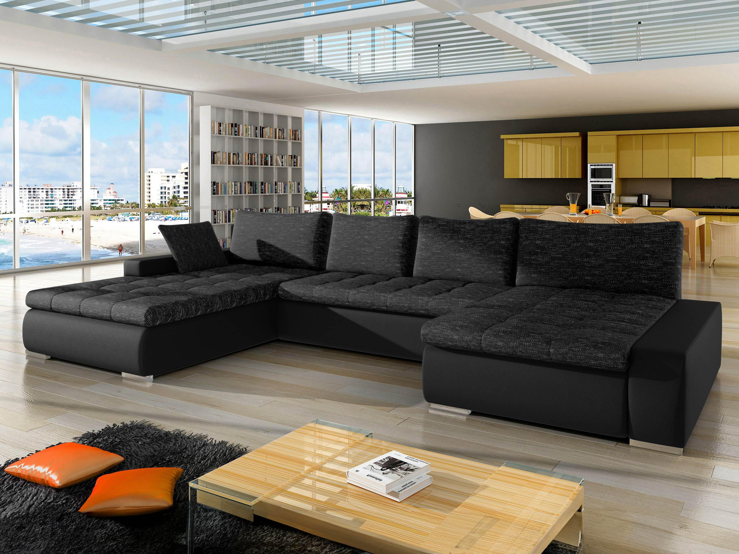 WOHNLANDSCHAFT Caro - Schwarz Hochglanz/Silberfarben, Holz/Textil (394/80/213cm) - MIRJAN24