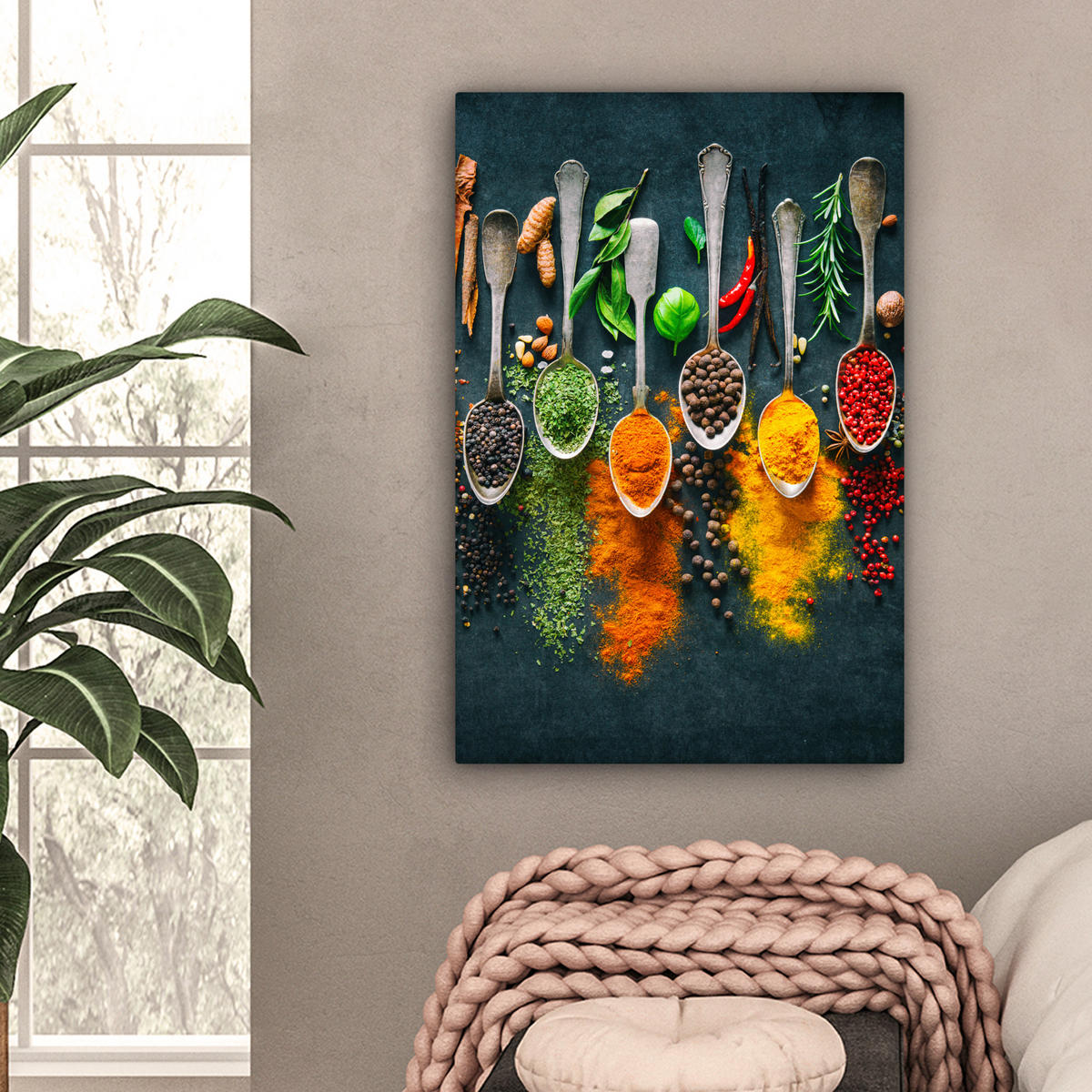 LEINWANDBILD Kräuter - Gewürze - Löffel 60x90 cm - Currygelb, Textil (60/90cm) - MuchoWow