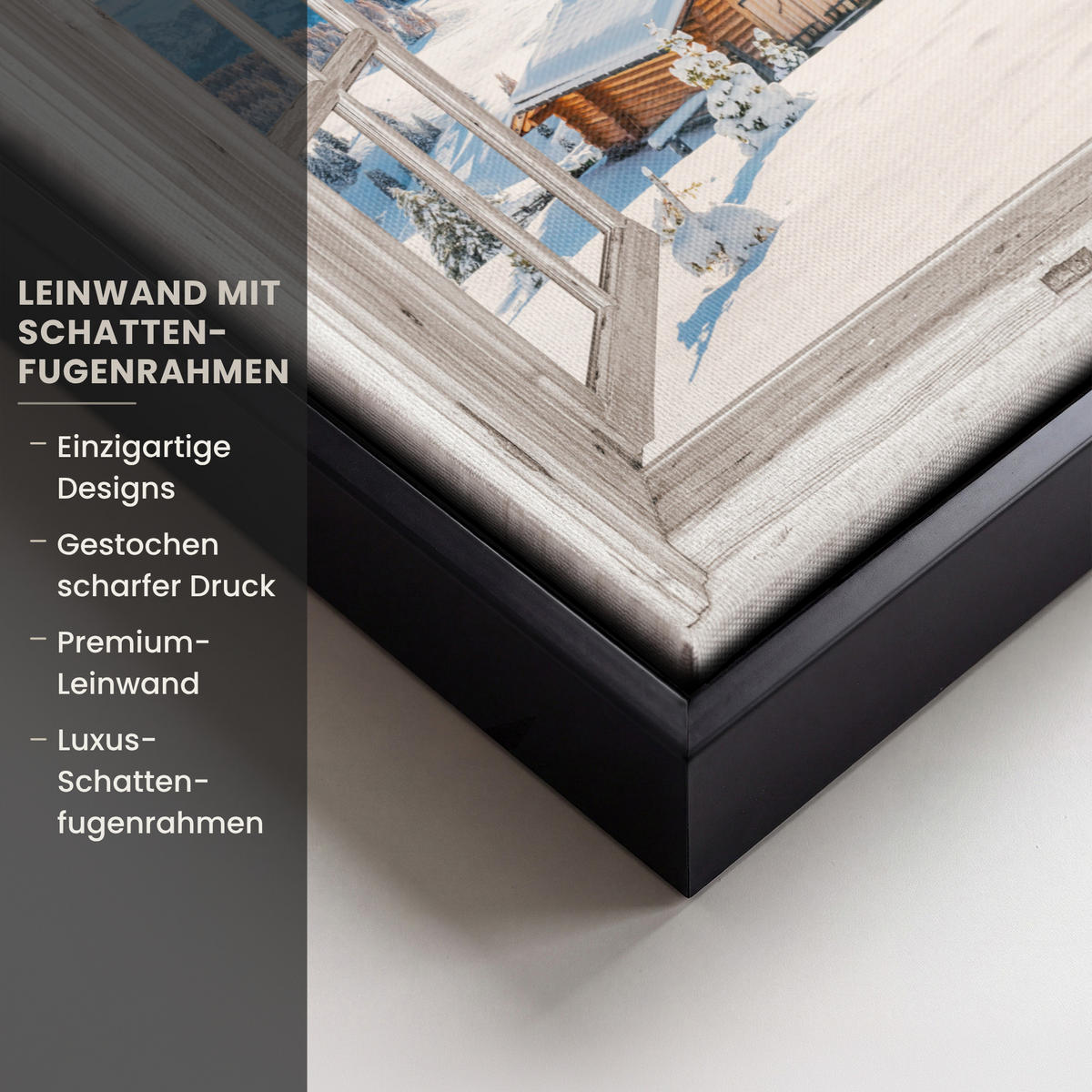 LEINWAND Bilder mit Rahmen - Winterlandschaft - Hütte - Berge - Ausblicke - Aussicht - Natur - 20x30 - Weiß Hochglanz, Textil (20/30cm) - MuchoWow