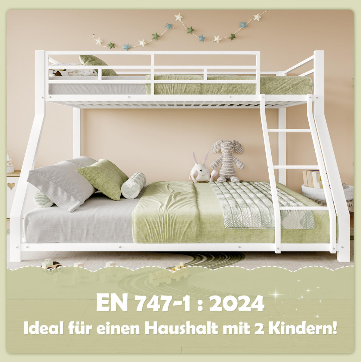 ETAGENBETT aus Metall 90x200/140x200 cm Weiß mit Treppe, Geländer und EN747-Zertifizierung - Weiß, Metall (90/200cm) - Modfu