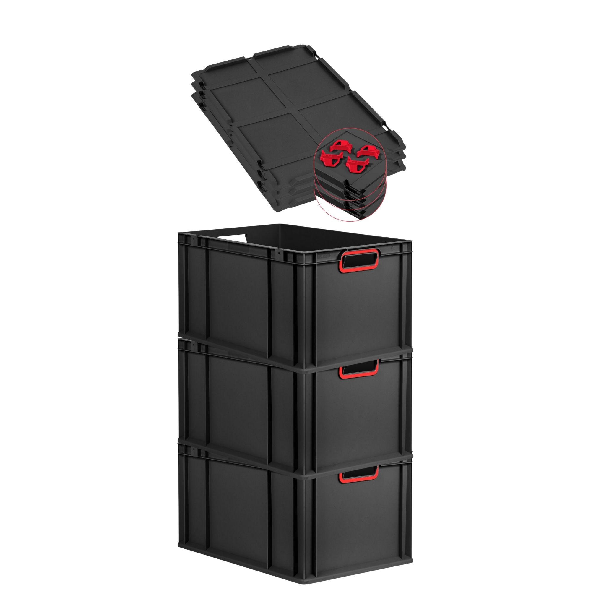 EUROBOX 3x NextGen Color mit Auflagedeckel 32x40x60 cm 65 Liter Schwarz Griffe rot offen - Rot/Schwarz, Kunststoff (40/32/60cm) - PROREGAL
