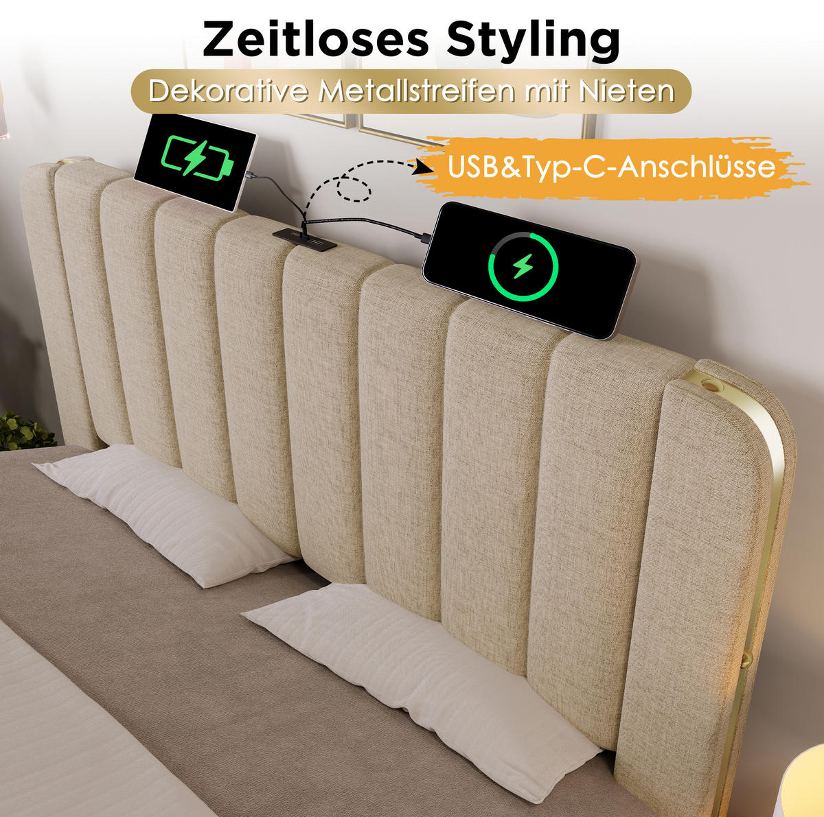 POLSTERBETT 140/200 cm mit hydraulischem Bettkasten, USB/Typ-C am Kopfteil, Beige - Beige, Textil (140/200cm) - Redom