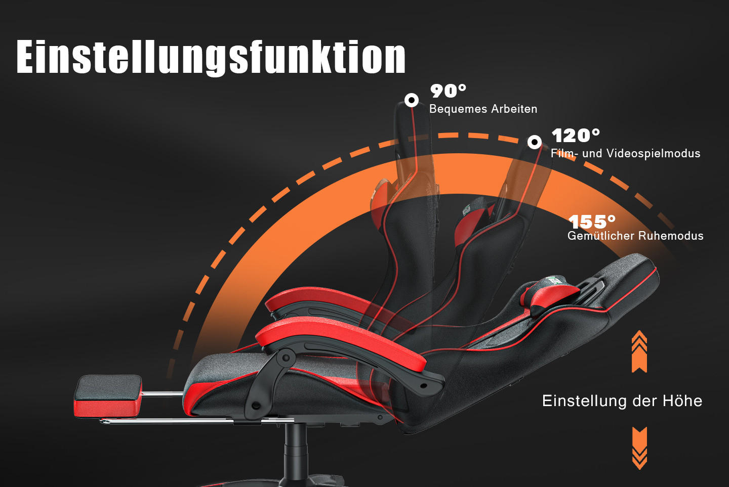 GAMING-STUHL höhenverstellbar, Fußstütze, Lendenkissen – Schwarz/Rot - Rot, Leder (50/134/50cm) - Rattantree