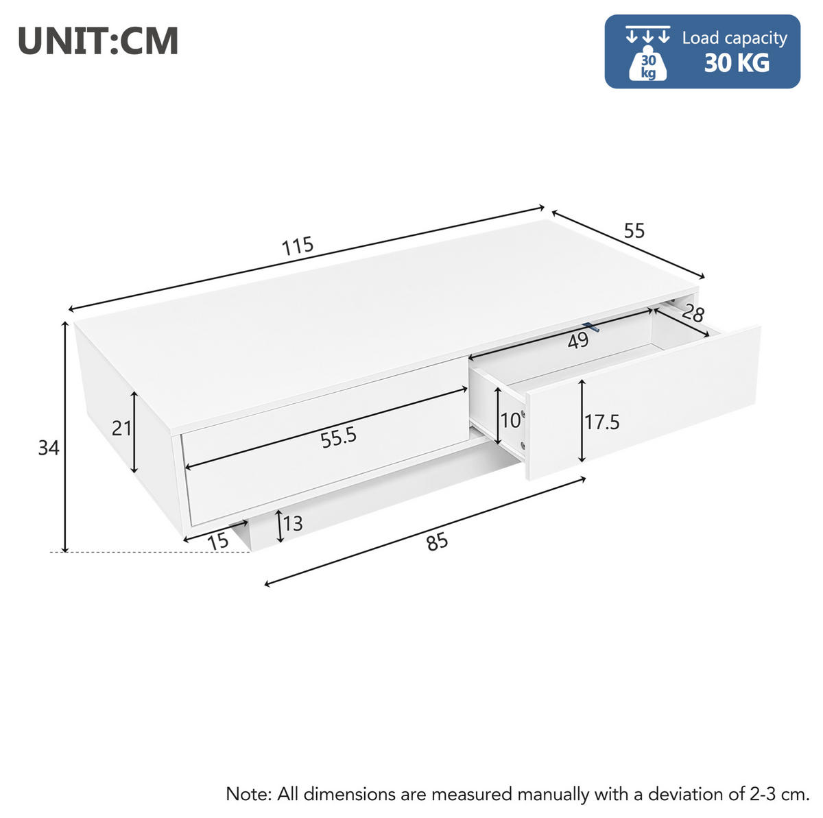 COUCHTISCH aus Spanplatte 115x55x34 cm Weiß mit 2 Schubladen und LED-Beleuchtung - Weiß, Holzwerkstoff (115/55/34cm) - IVMEU