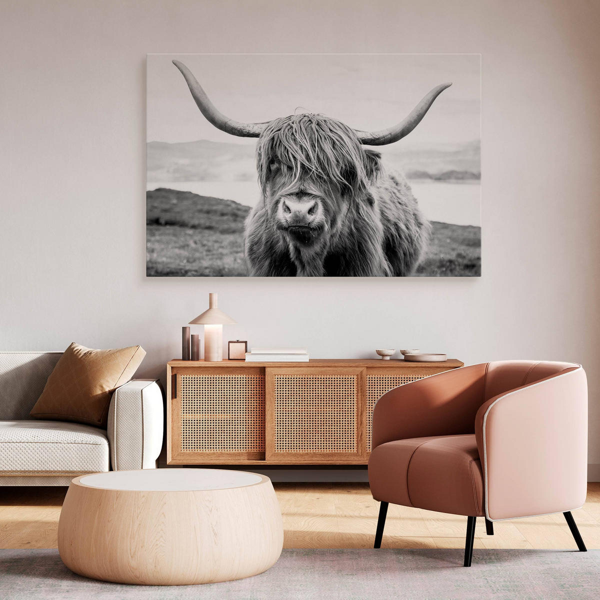 LEINWANDBILD Schottische Kuh Tier Natur Landschaft 3D 100/70 cm - Schwarz/Weiß, Textil (100/70cm) - Muralo