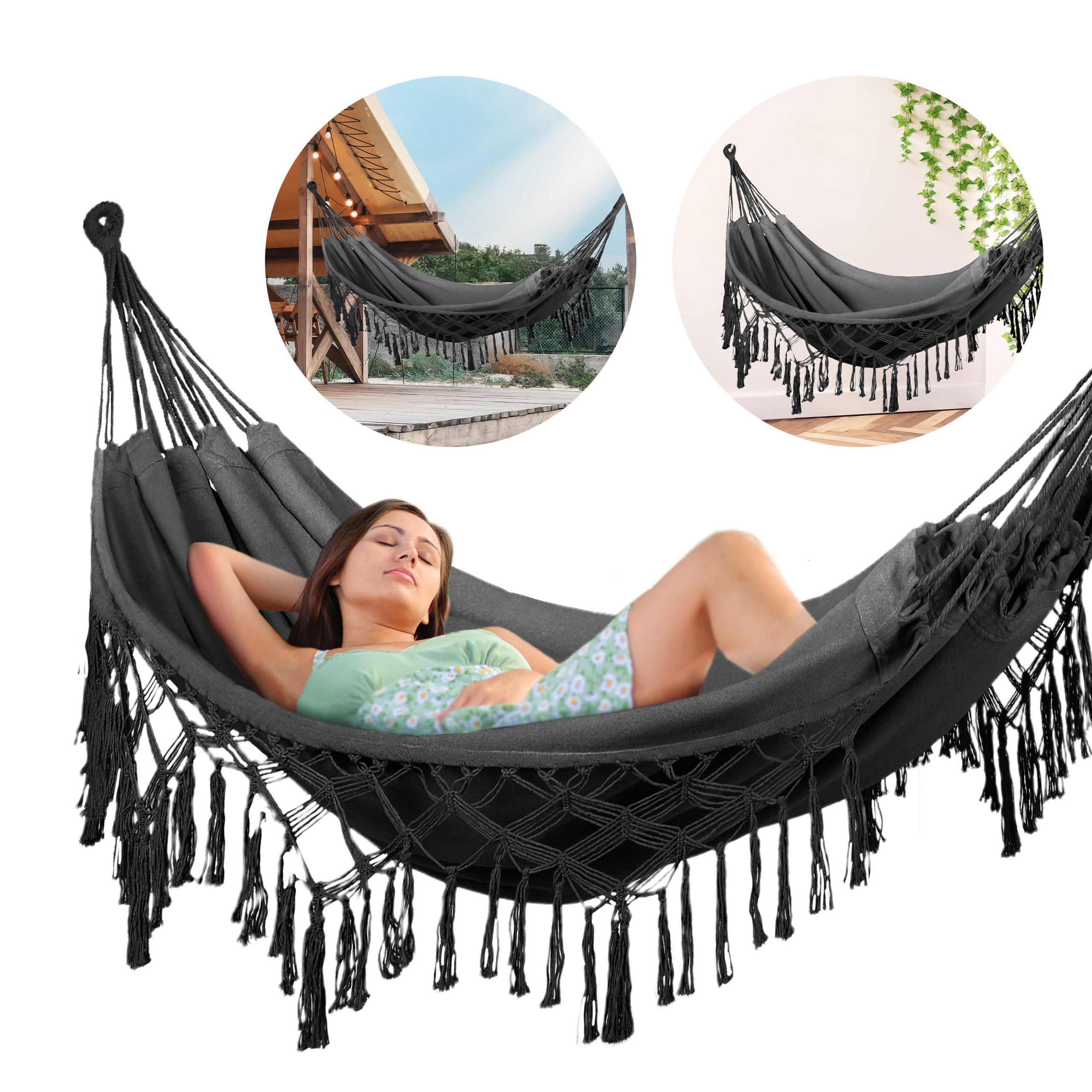 HÄNGEMATTE 200/150 cm, bis 200 kg - Dunkelgrau, Textil (150/1/200cm) - Outtec