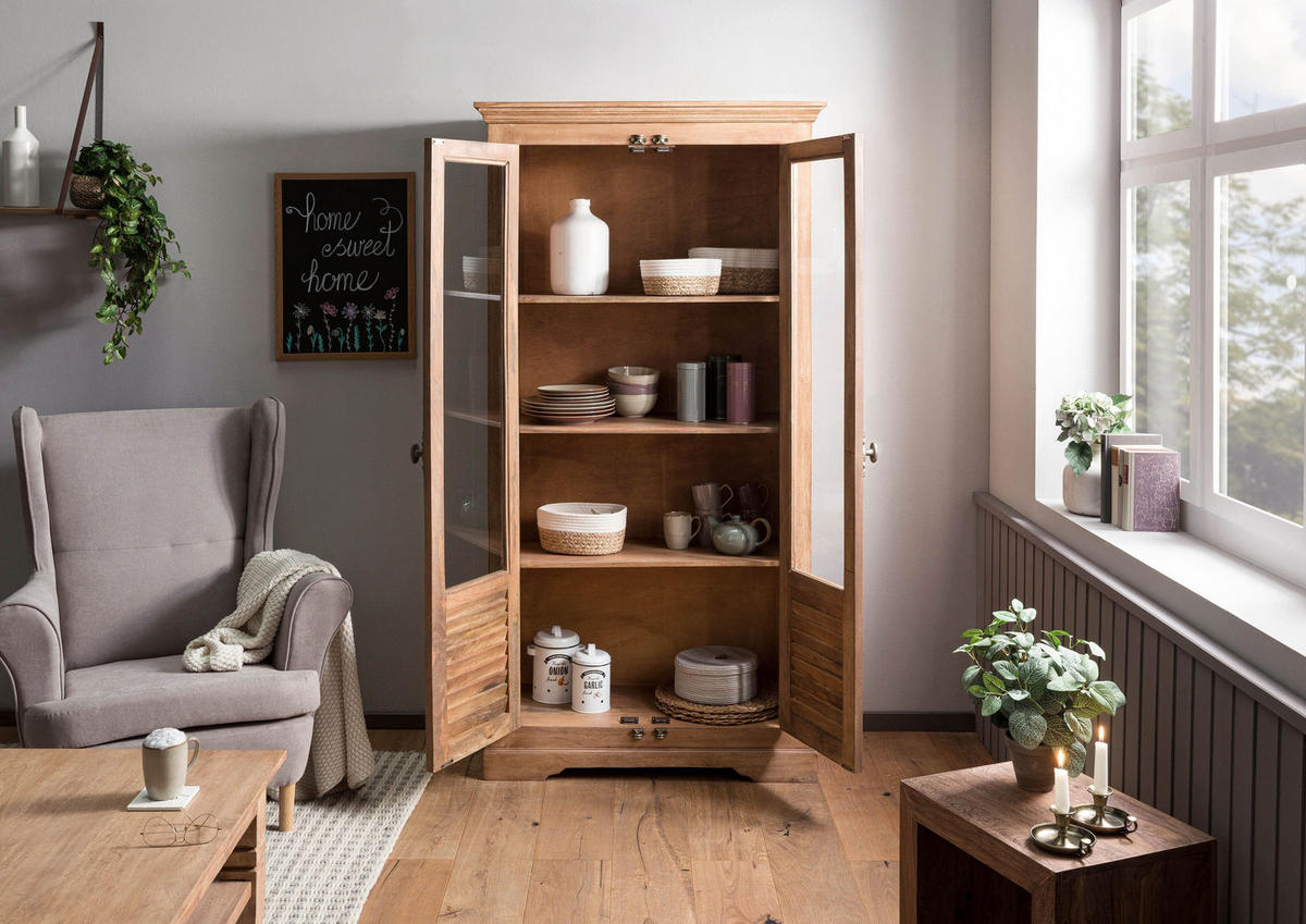 VITRINE Mango 97x45x190 beige geölt TOULOUSE #01 - Beige, Holz (97/190/45cm) - Massivmoebel24