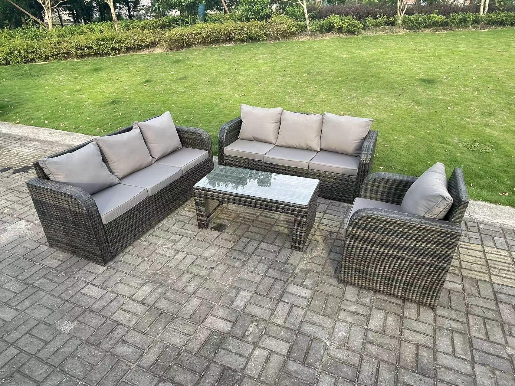GARTENTISCHGRUPPE Polyrattan 7-Sitzer - Dunkelgrau/Grau, Glas/Kunststoff - Fimous