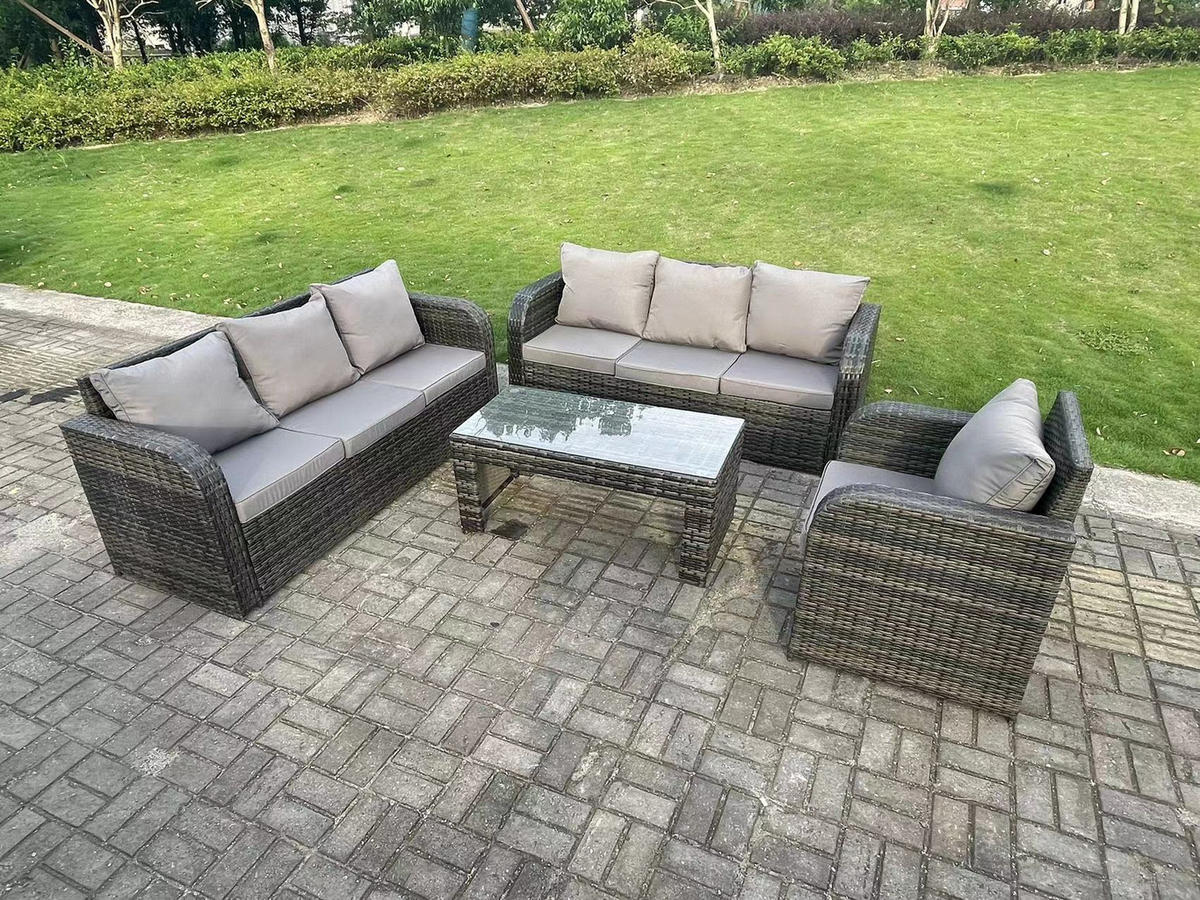 GARTENTISCHGRUPPE Polyrattan 7-Sitzer - Dunkelgrau/Grau, Glas/Kunststoff - Fimous